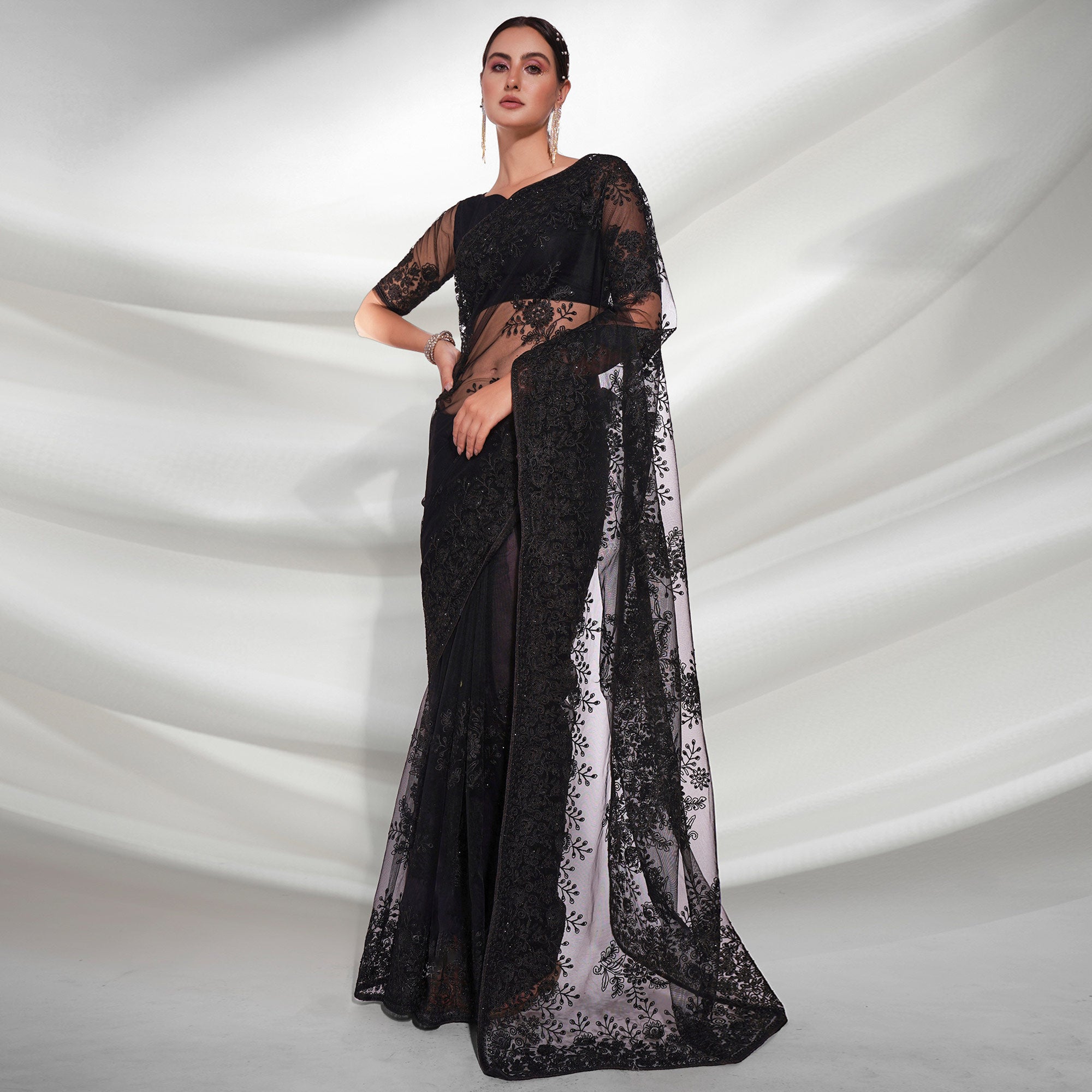 Black Floral Embroidered Net Saree