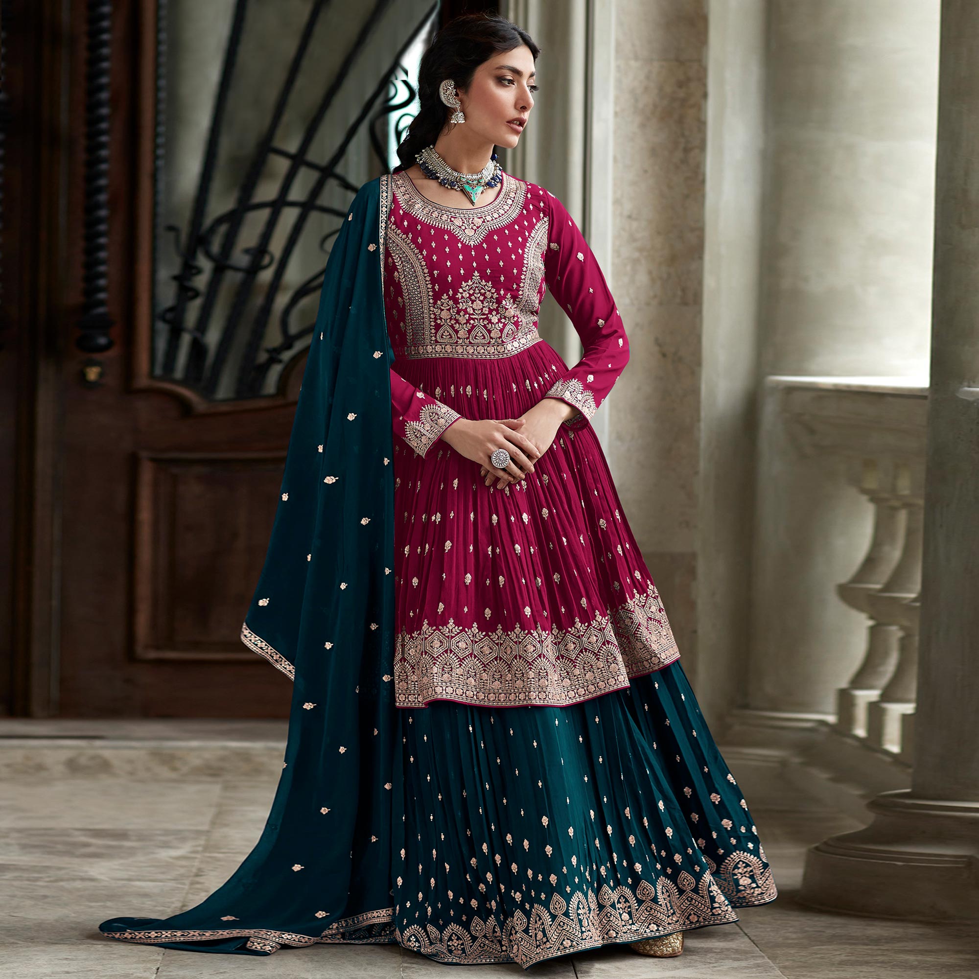 Pink Floral Embroidered Georgette Sharara Suit