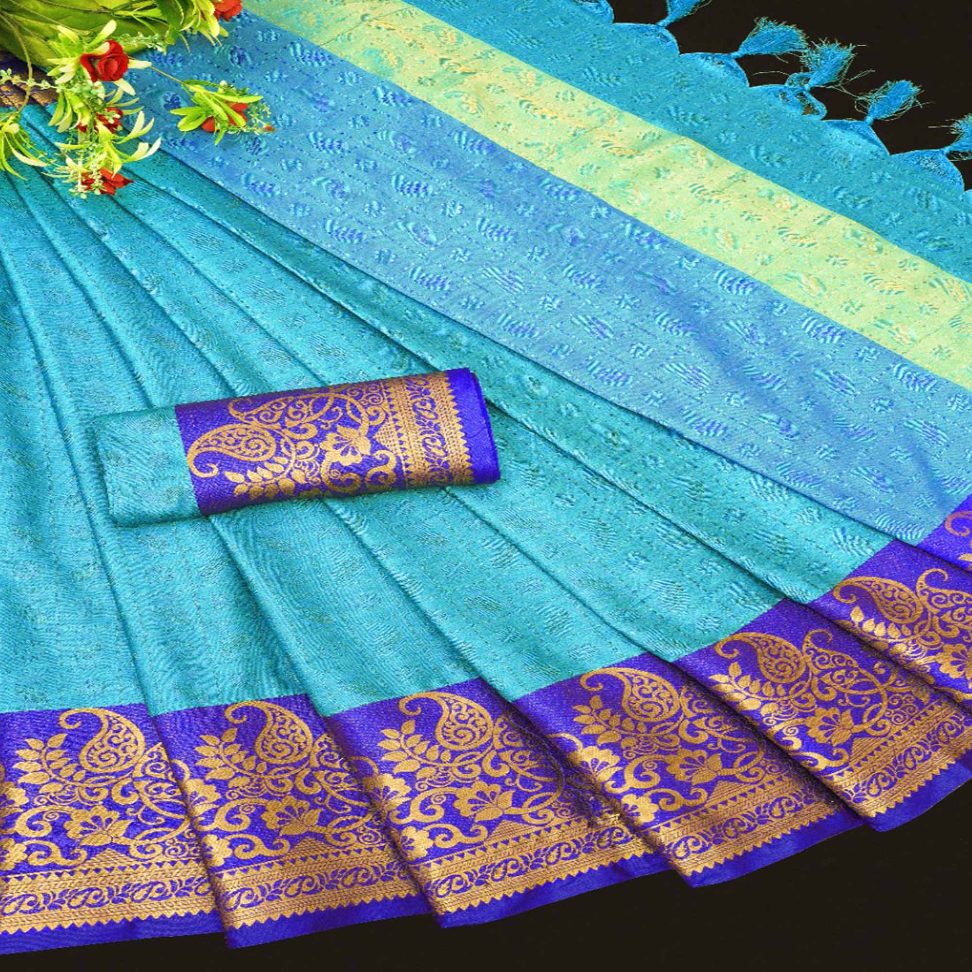 Blue Woven Cotton Silk Saree