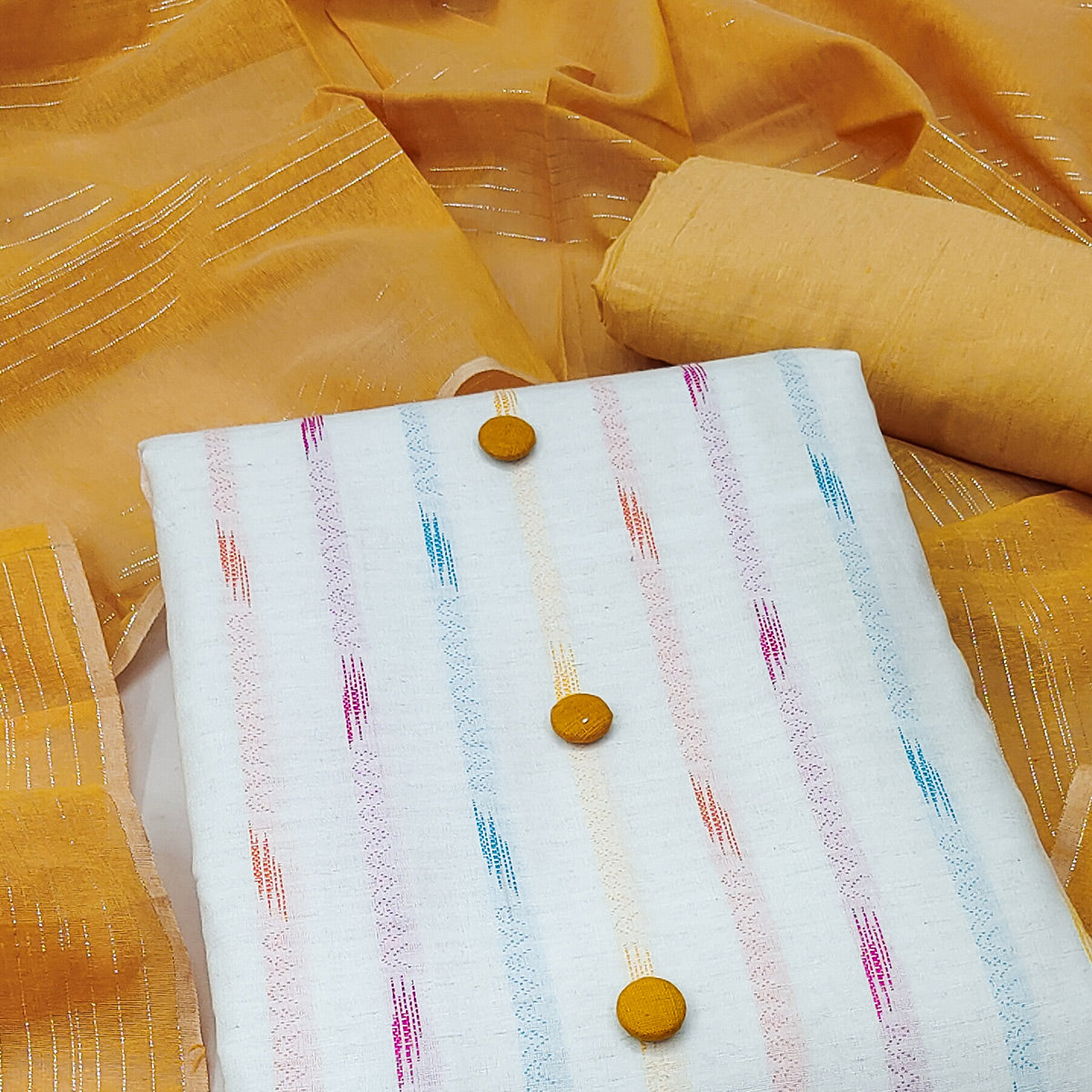 White Mustard Strpied Printed Cotton Dress Material