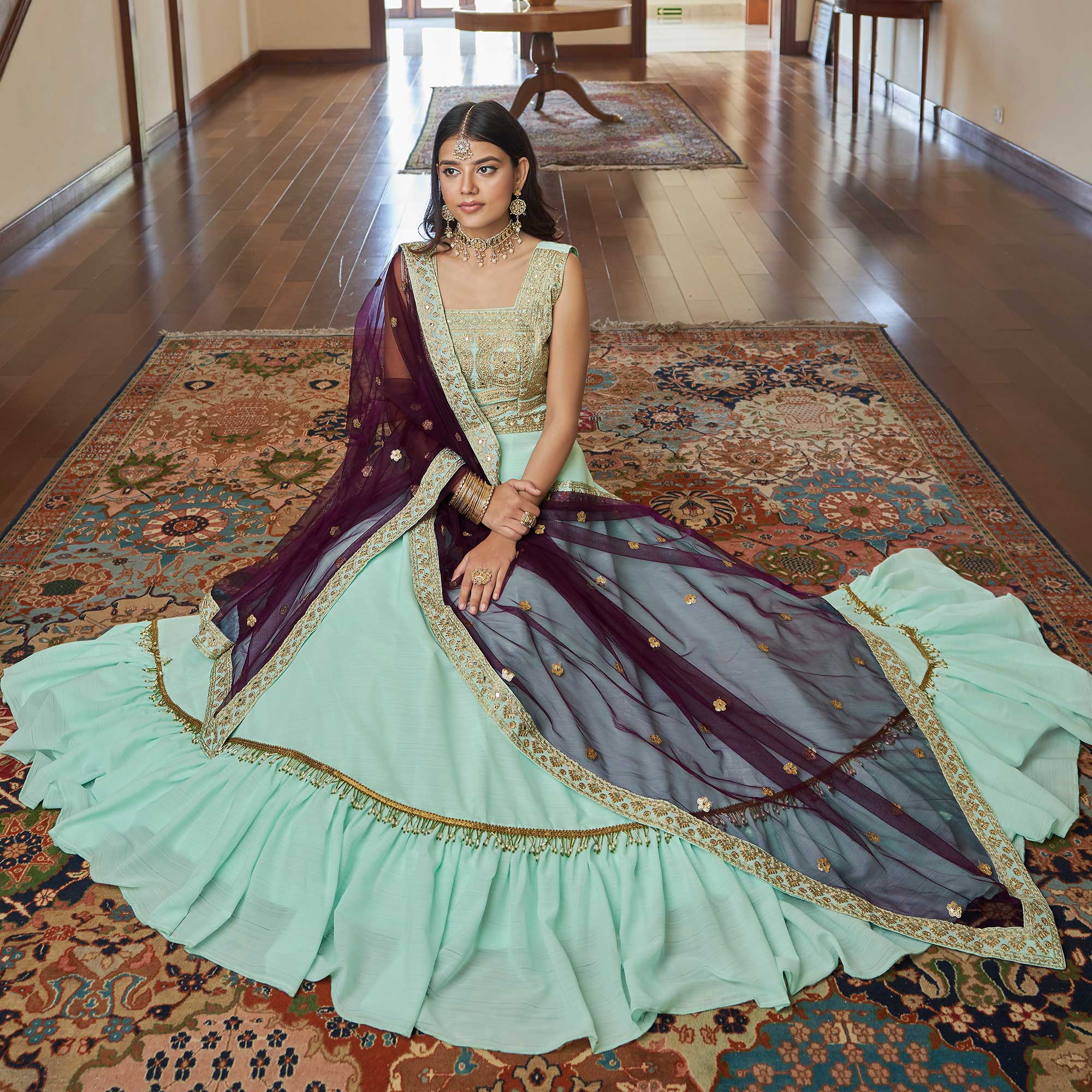 Light Aqua Green Embroidered Art Silk Lehenga Choli