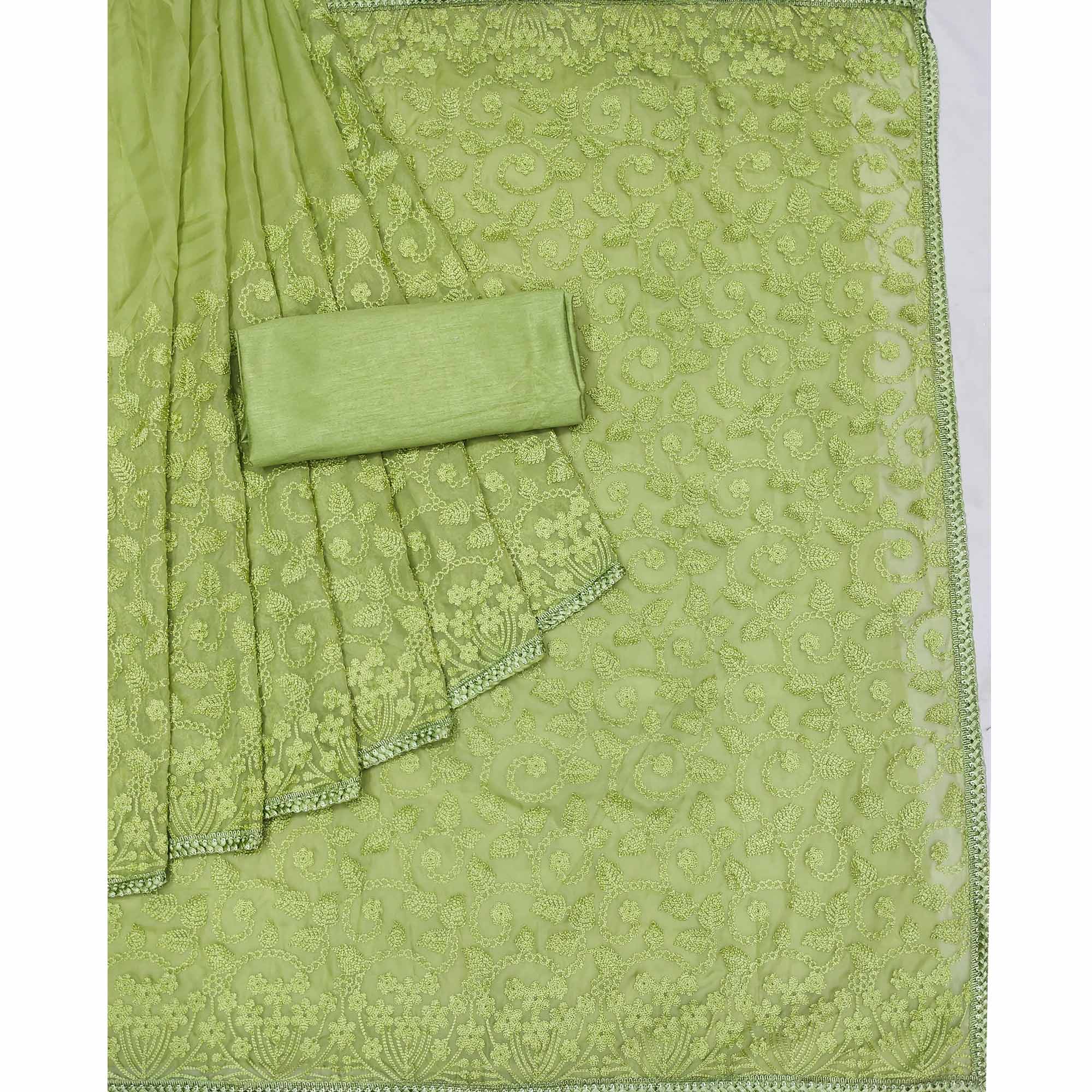 Green Floral Embroidered Organza Saree