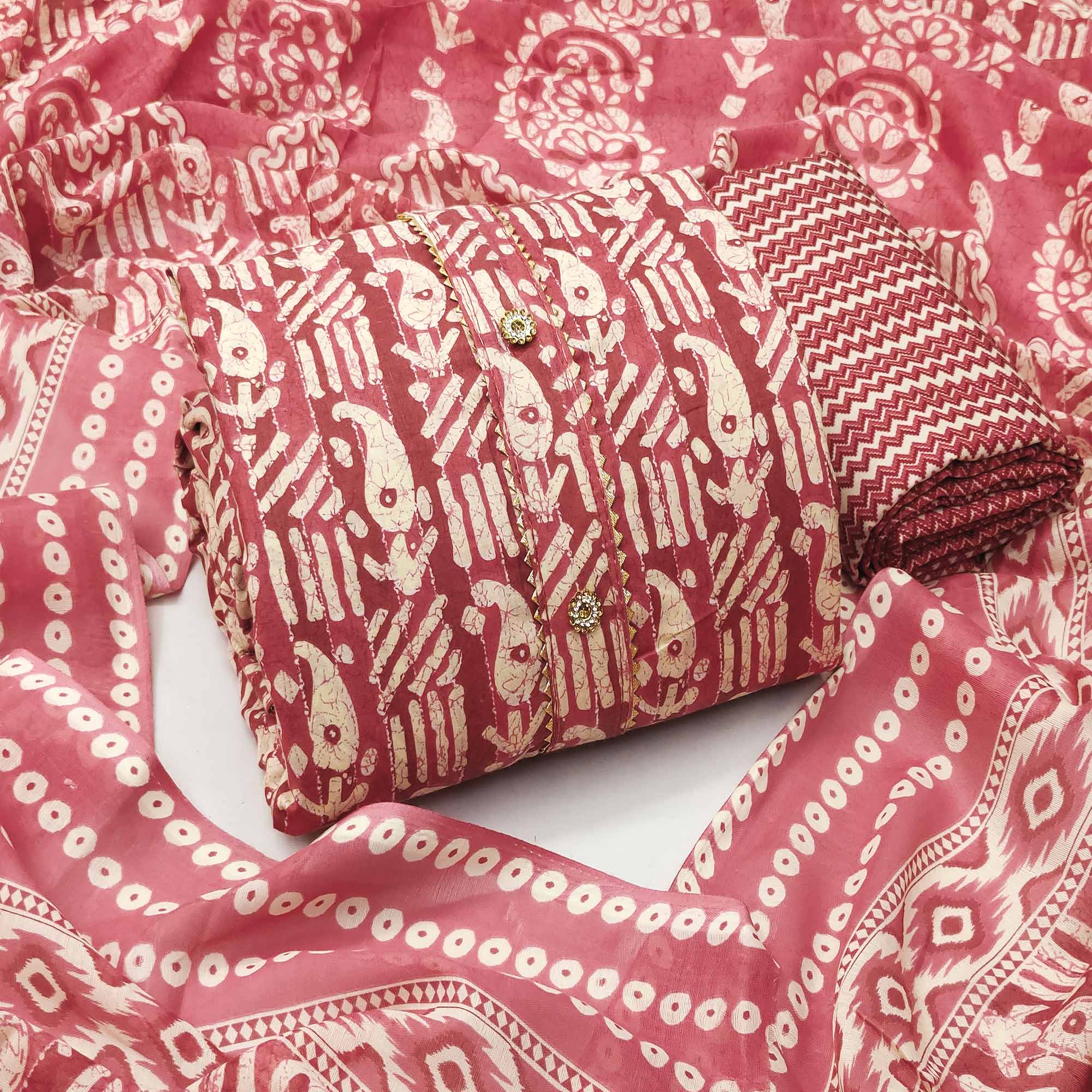 Pink Printed Cotton Blend Dress Material