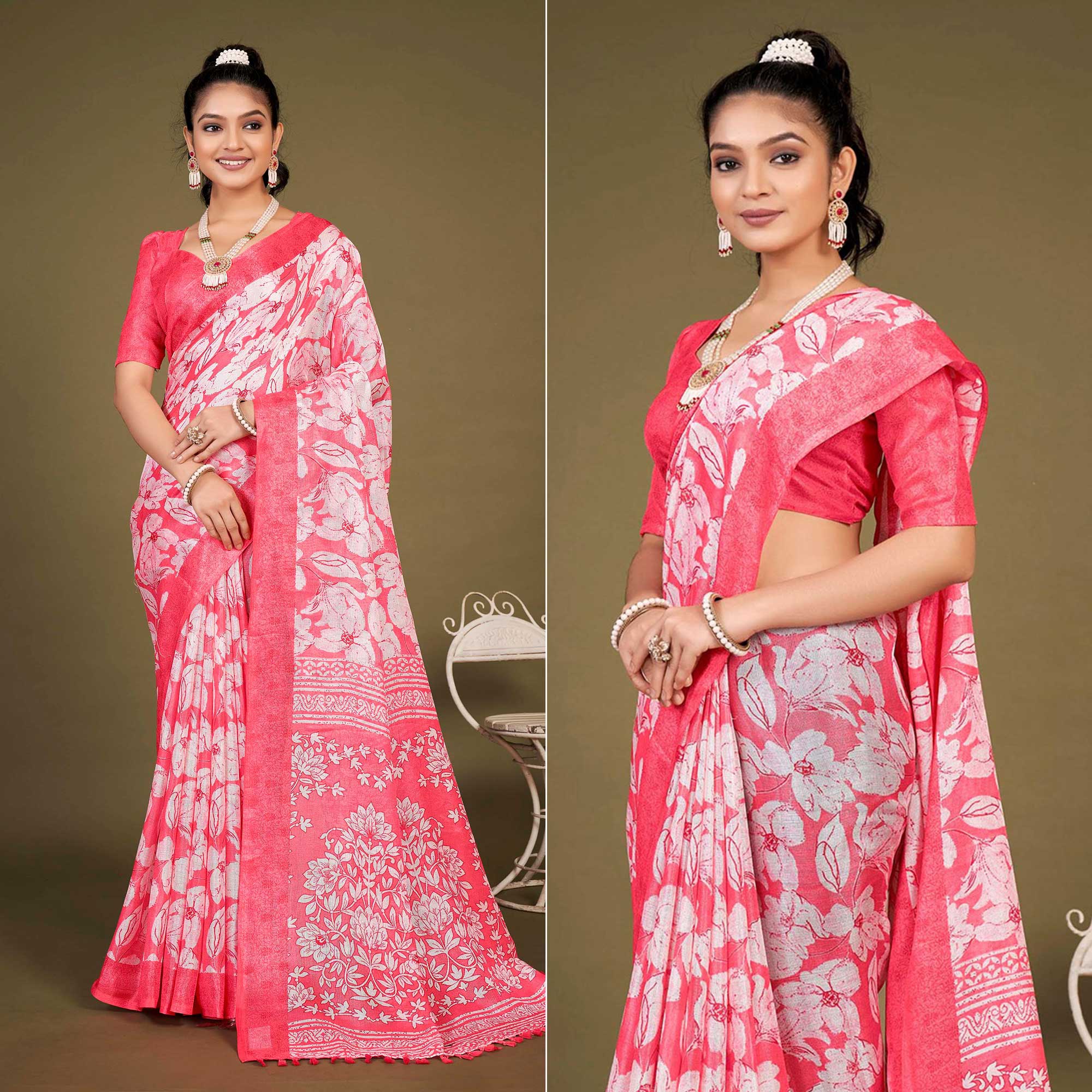 Pink Floral Printed Jute Saree With Tassels