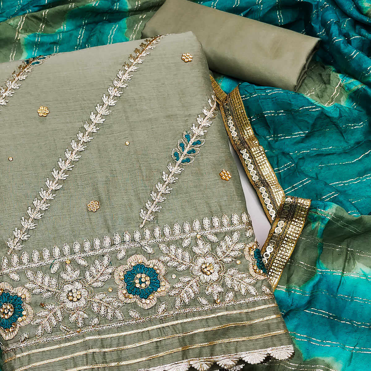 Green Floral Embroidered Modal Dress Material