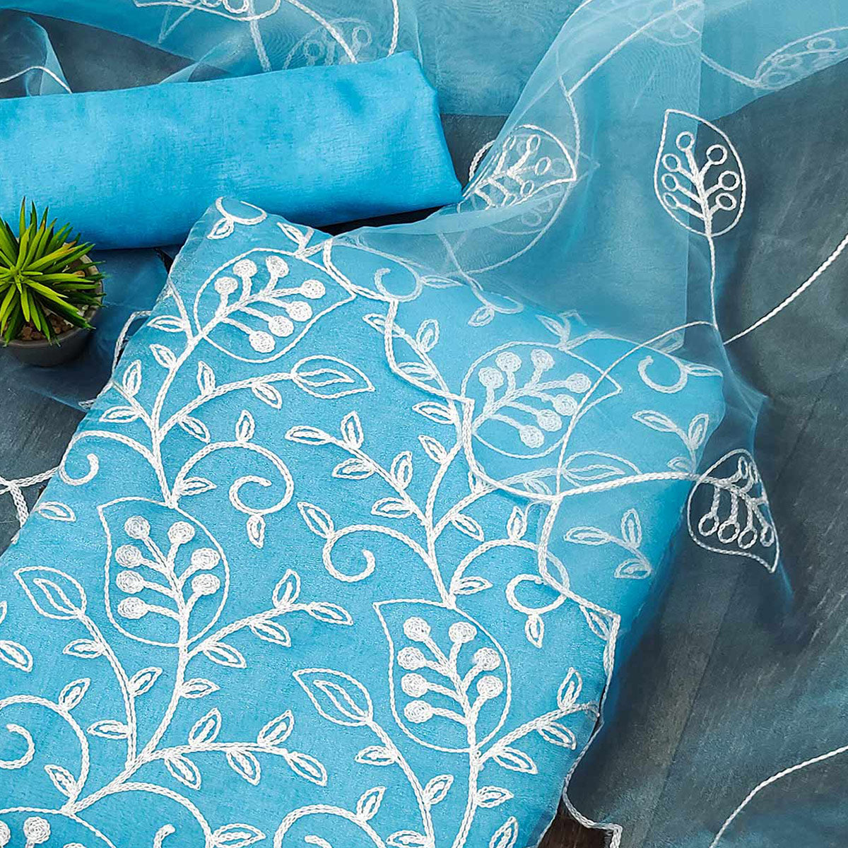 Blue Floral Embroidered Organza Dress Material