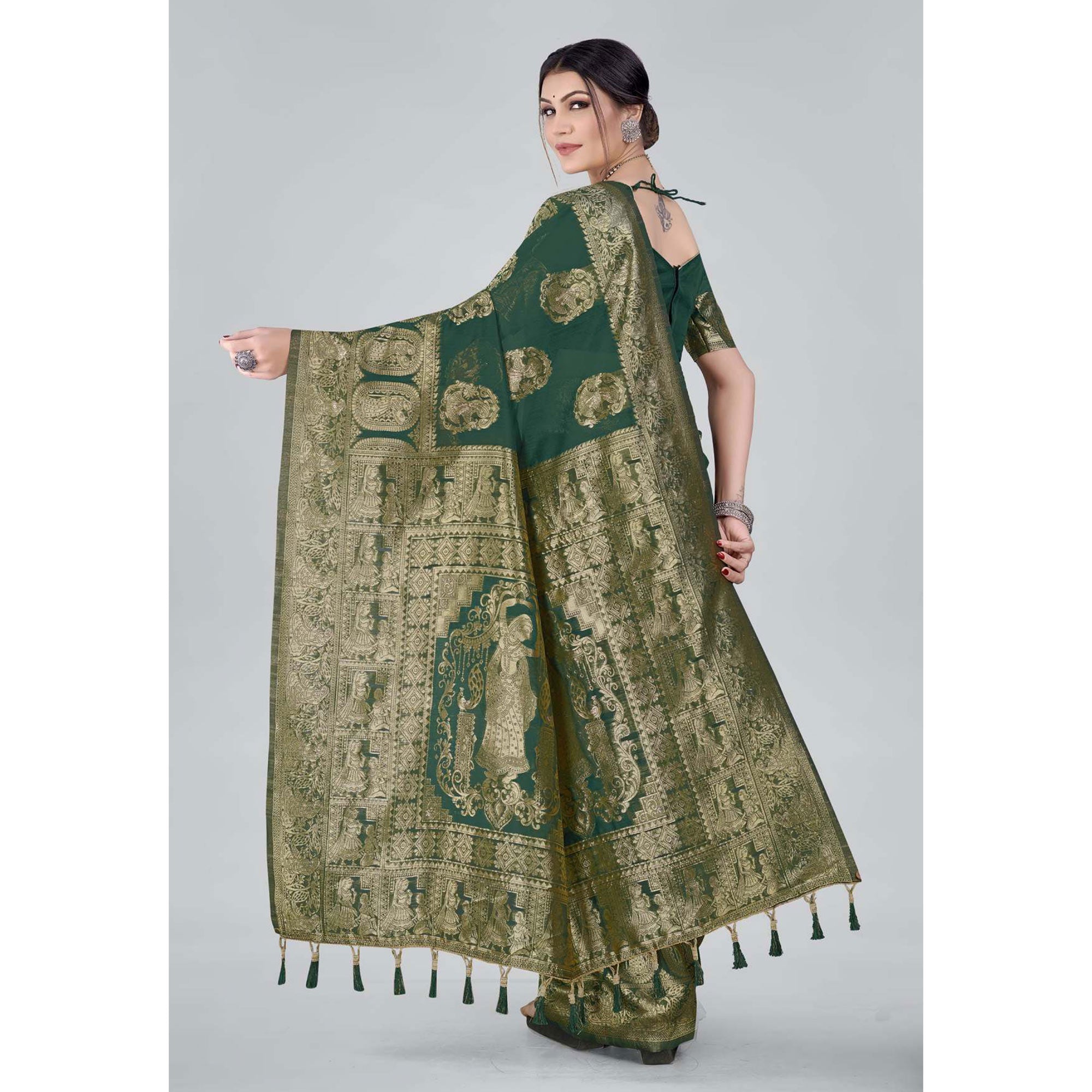 Green Woven Organza Saree With Tassels