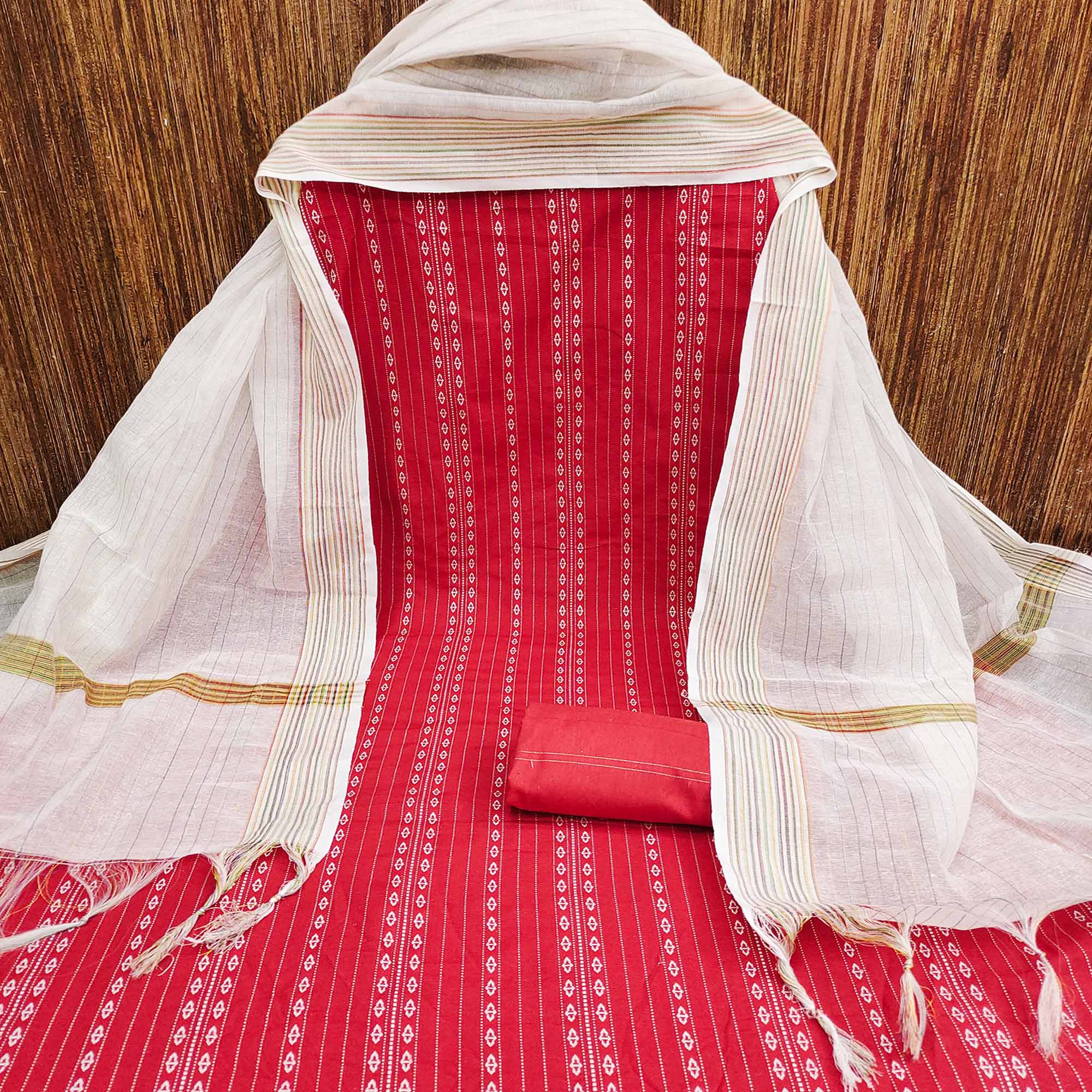 Red Embroidered Cotton Blend Dress Material