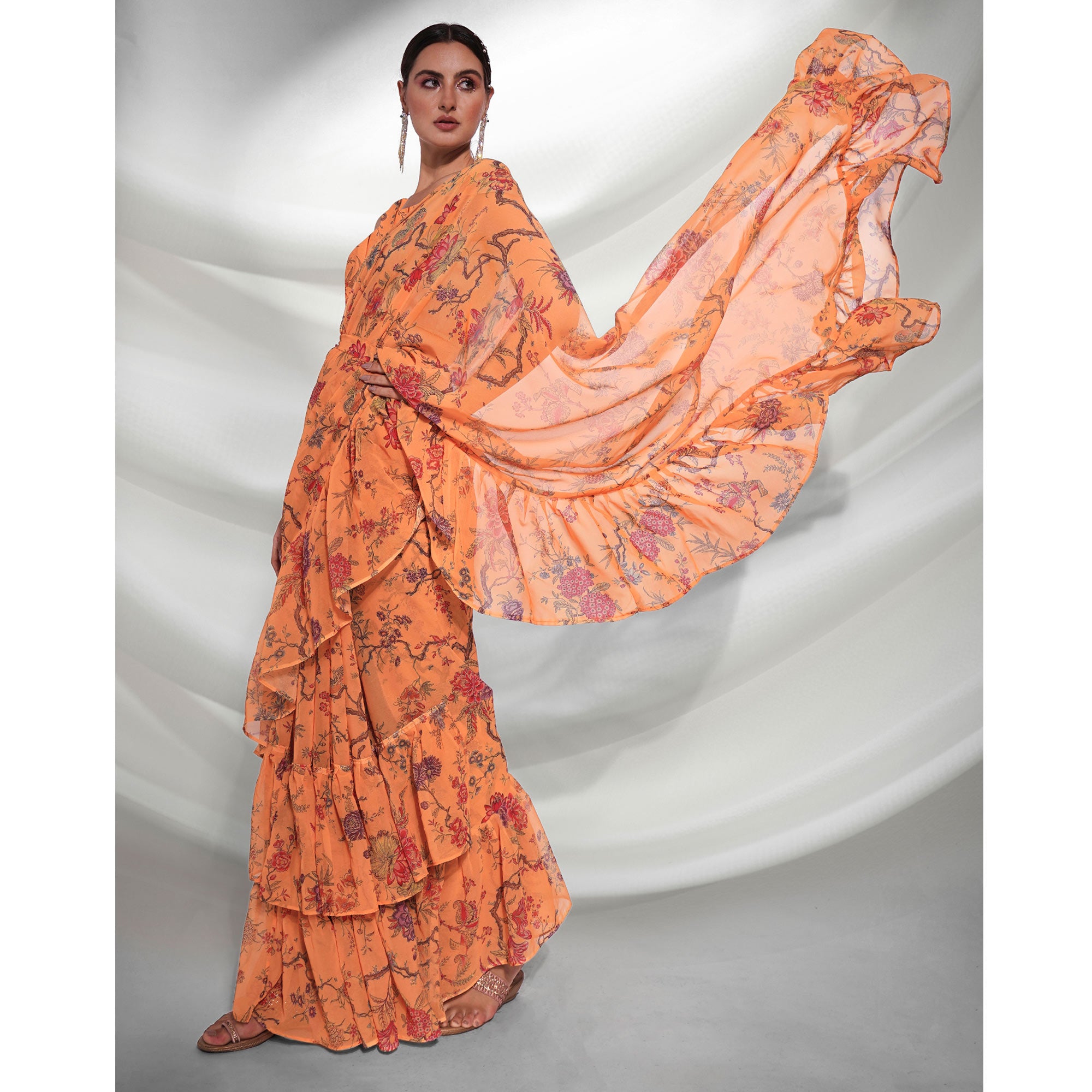 Orange Floral Printed Georgette Frill Saree