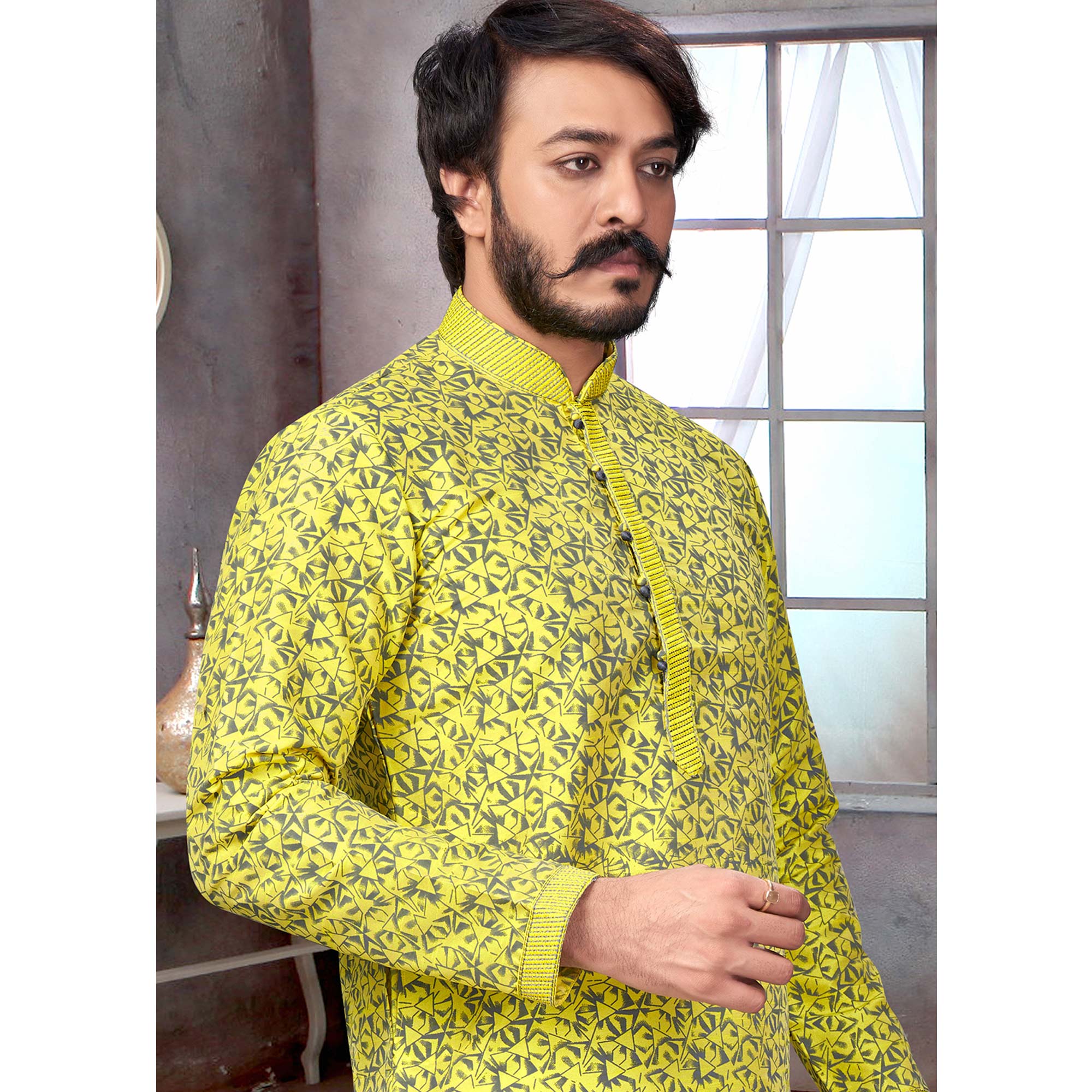 Yellow Printed Jacquard Kurta Pyjama Set