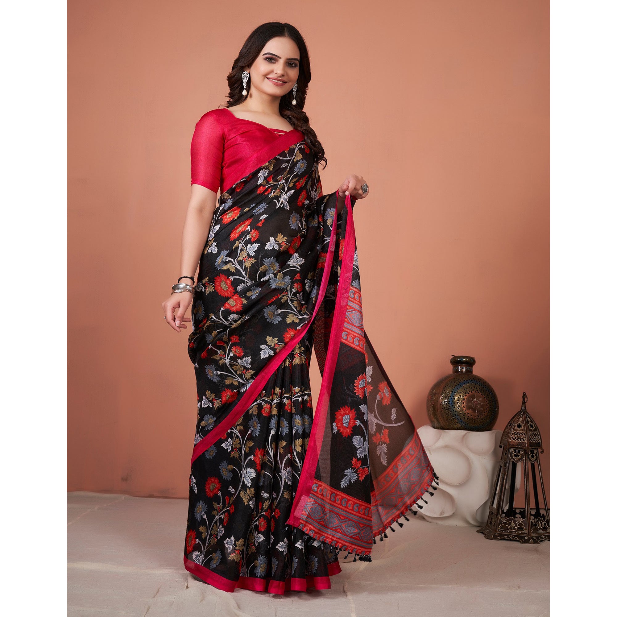 Black Floral Printed Jute Saree With Tassels