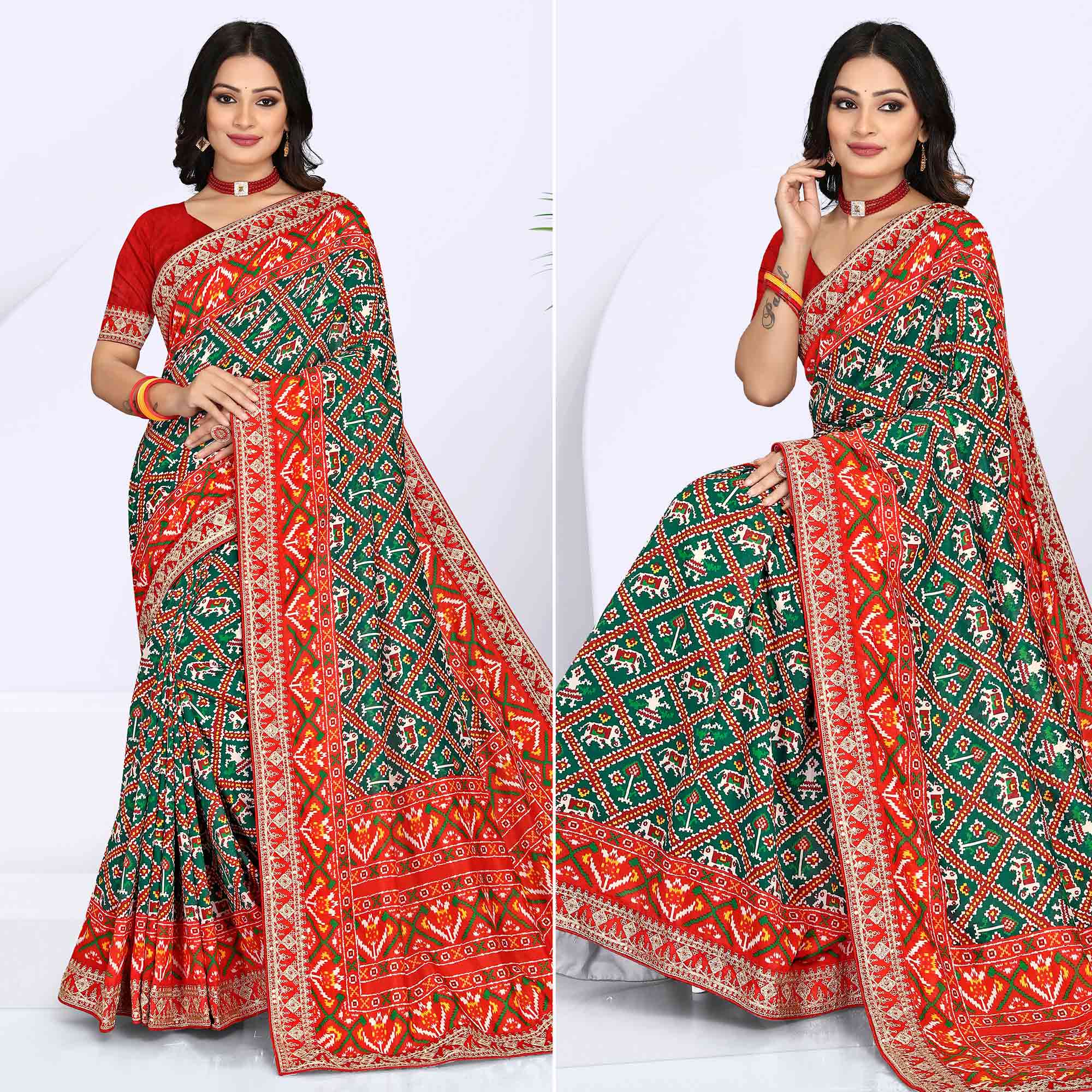 Green & Red Digital Printed With Sequins Vichitra Silk Saree