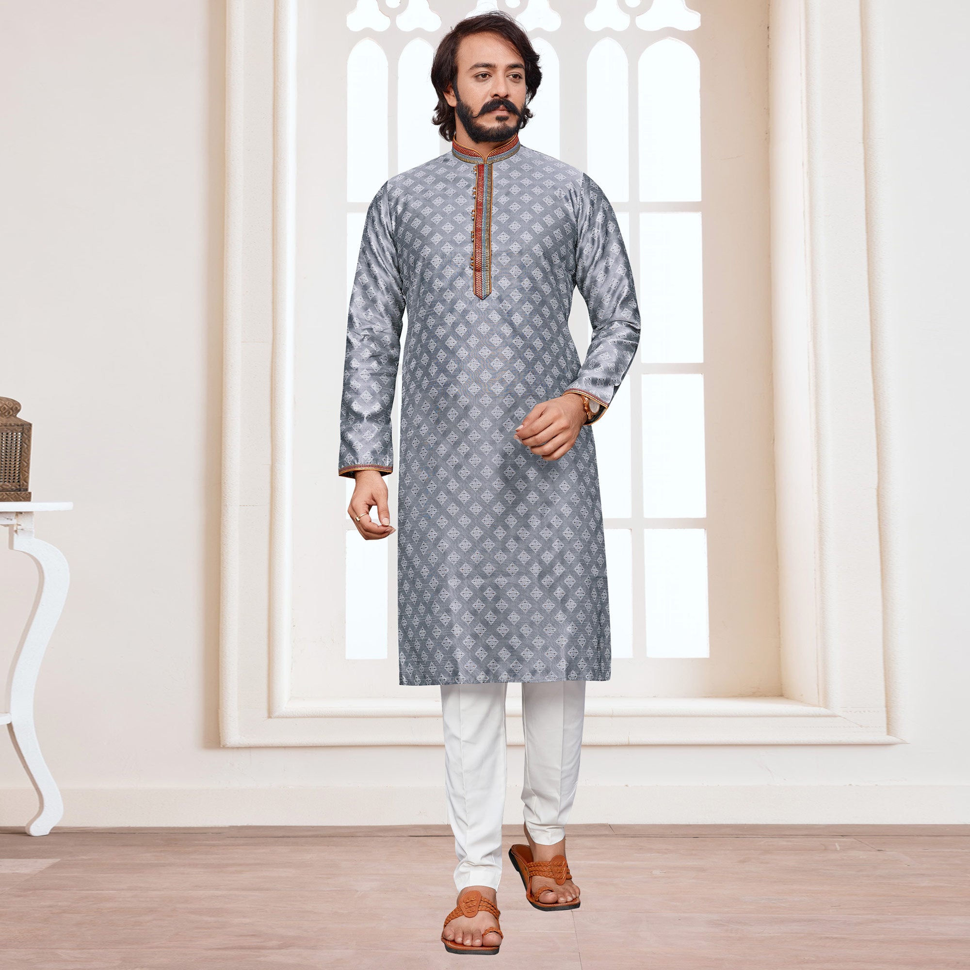 Grey Woven Jacquard Kurta Pyjama Set