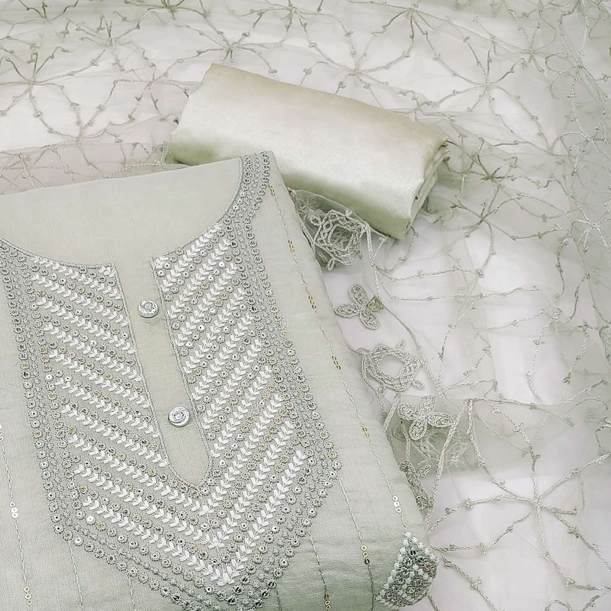 Grey Sequins Embroidered Chanderi Dress Material