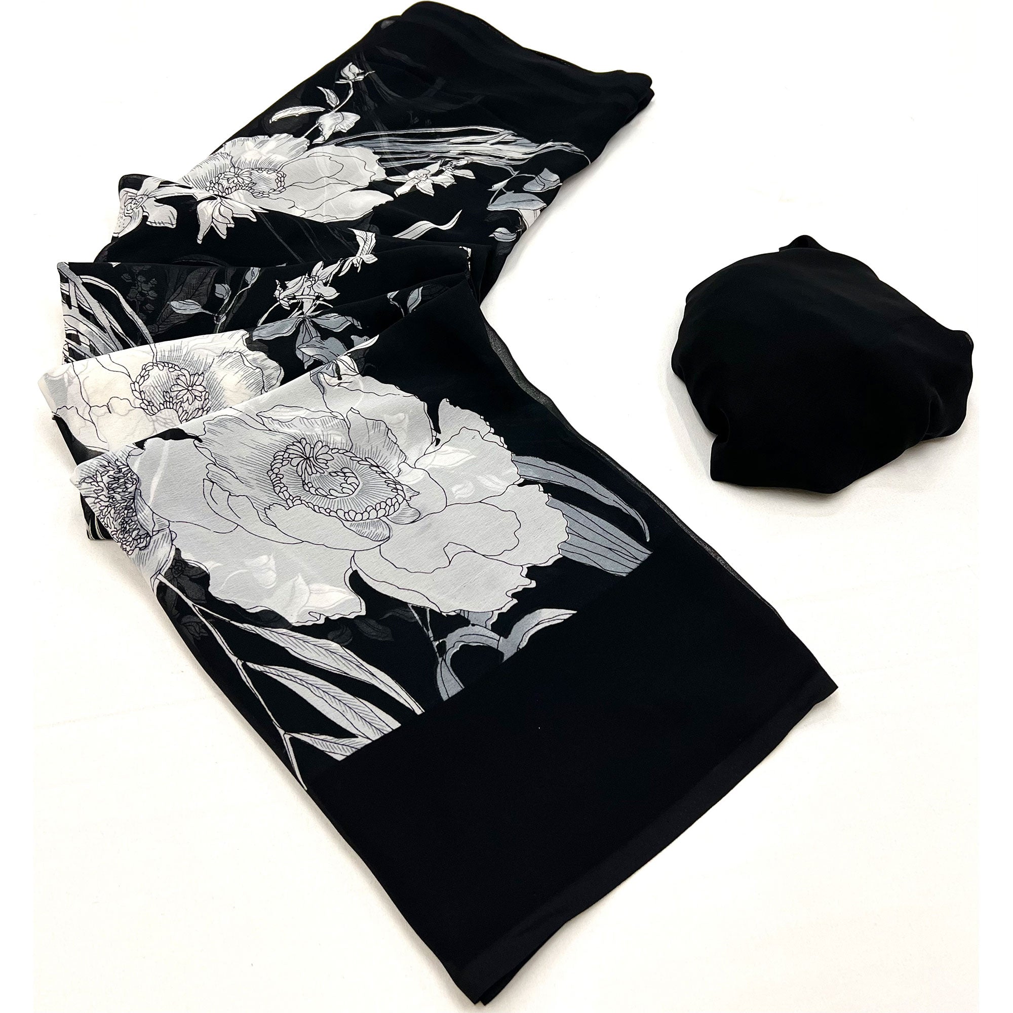 Black And White Floral Printed Georgette Saree