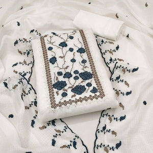 White & Blue Floral Embroidered Kota Doria Dress Material
