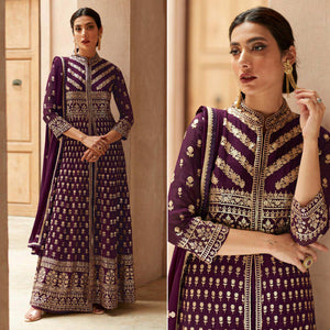 Wine Sequins Embroidered Georgette Palazzo Suit