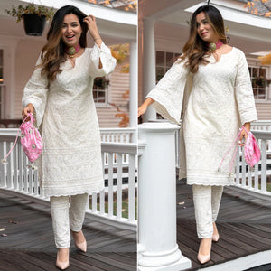 White Lucknowi Embroidered Pure Cotton Kurti Pant Set
