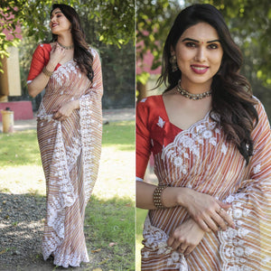 Brown Digital Printed With Embroidered Organza Saree