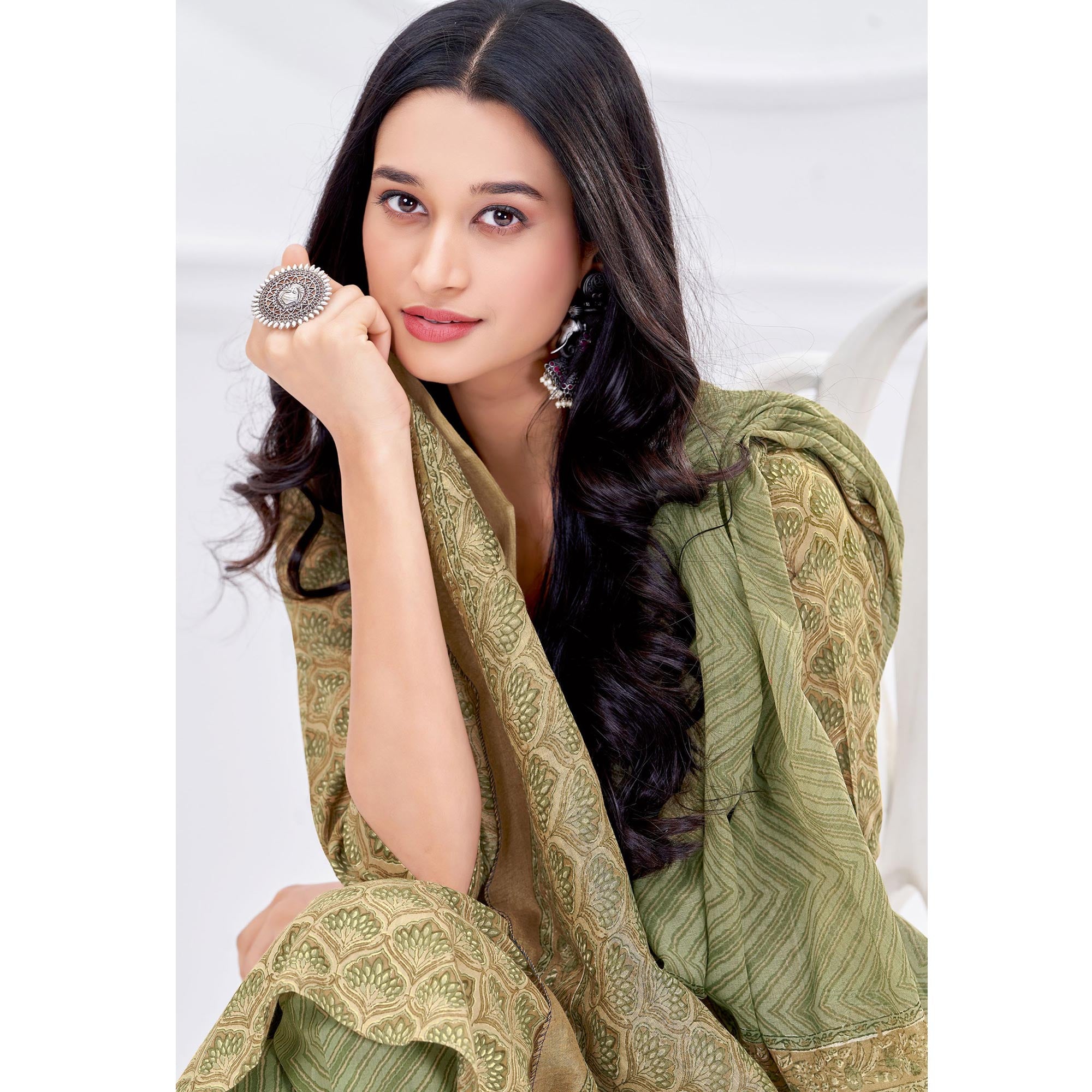 Olive Green Printed Pure Cotton Suit