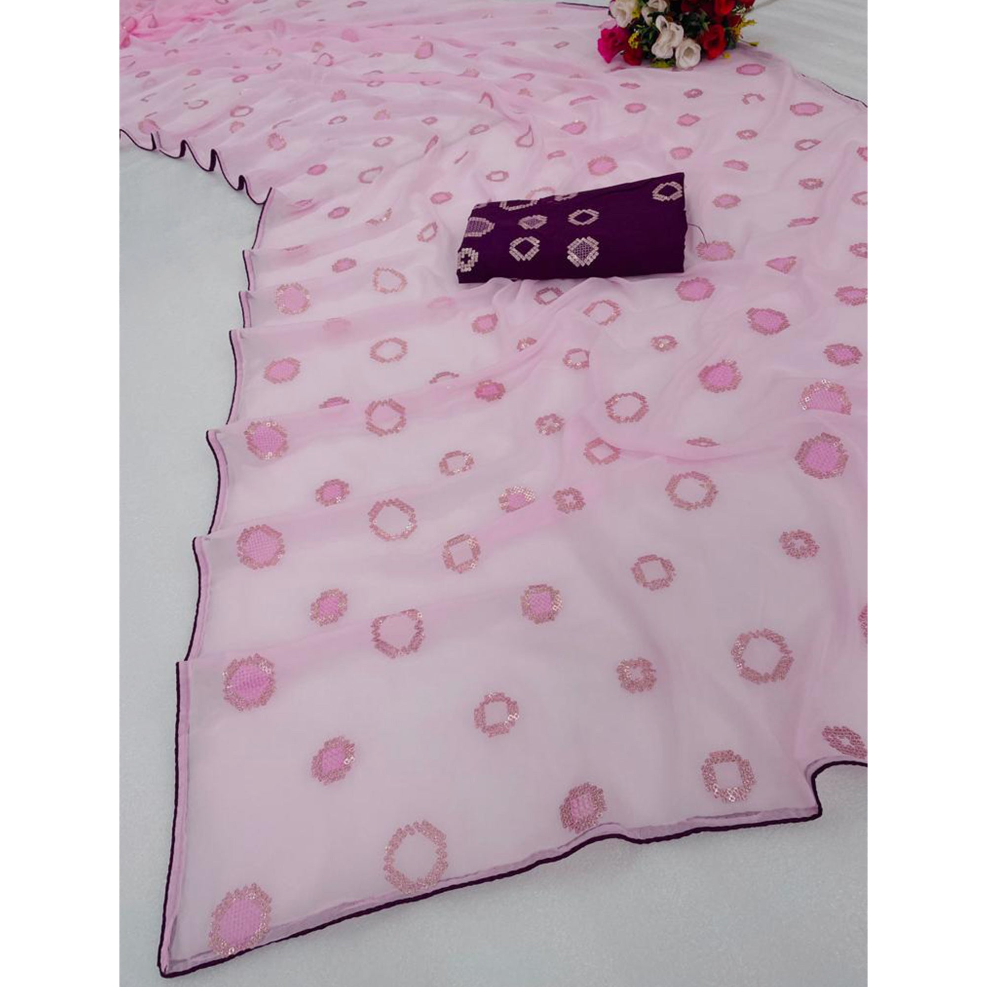 Pink Sequins Work Georgette Saree