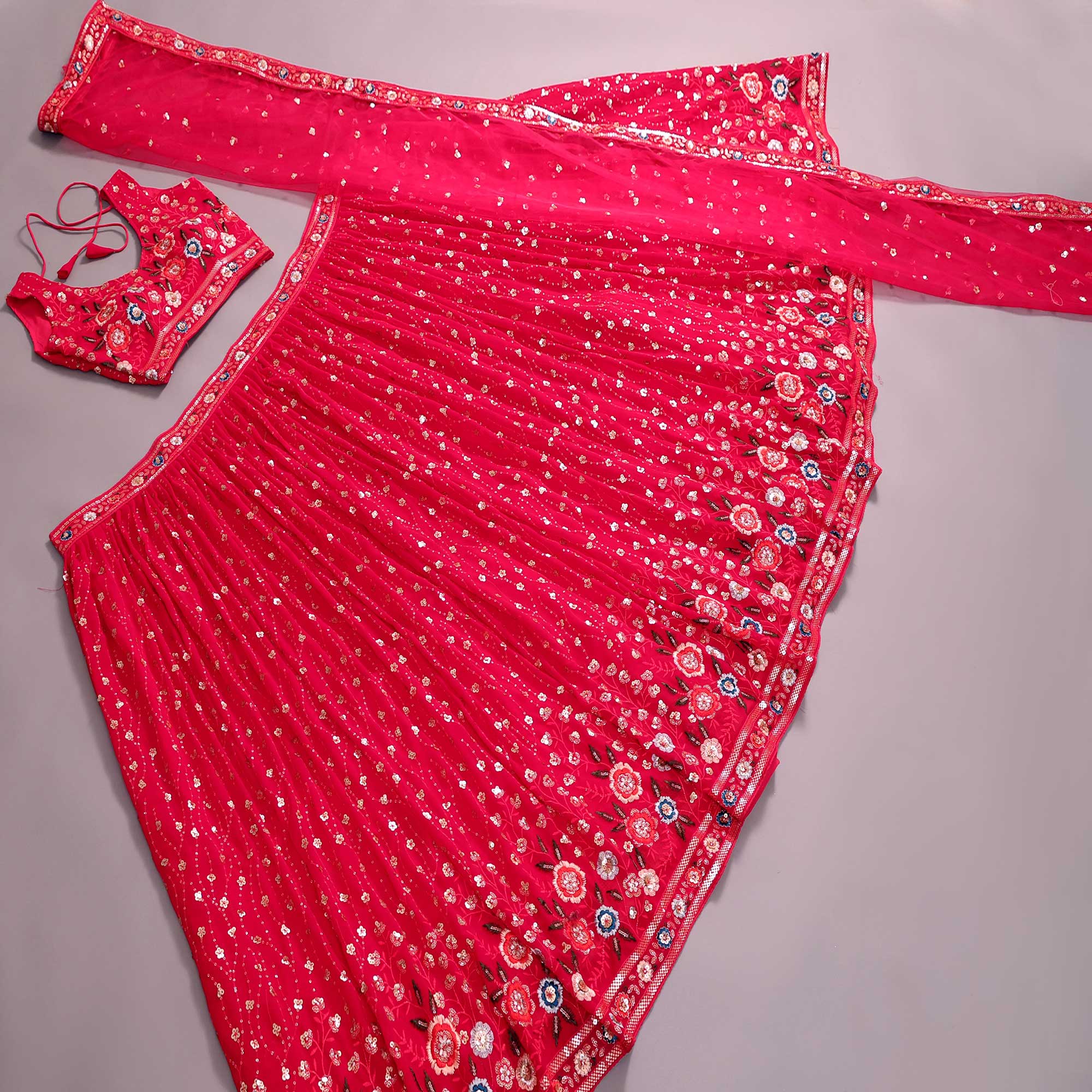 Cherry Red Sequins Embroidered Georgette Lehenga Choli