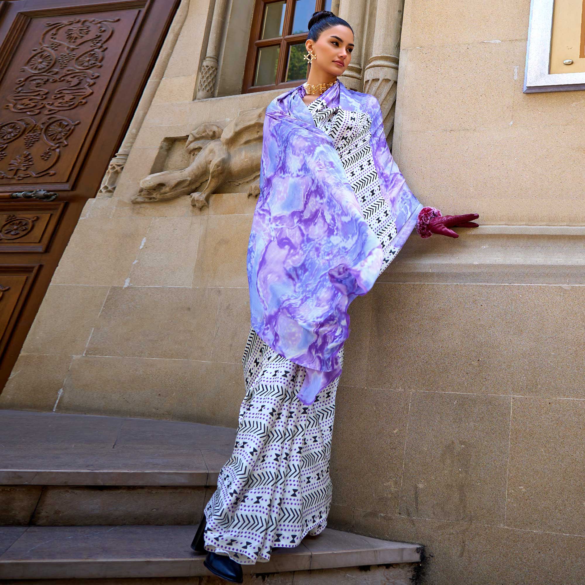 White Violet Printed Crepe Saree