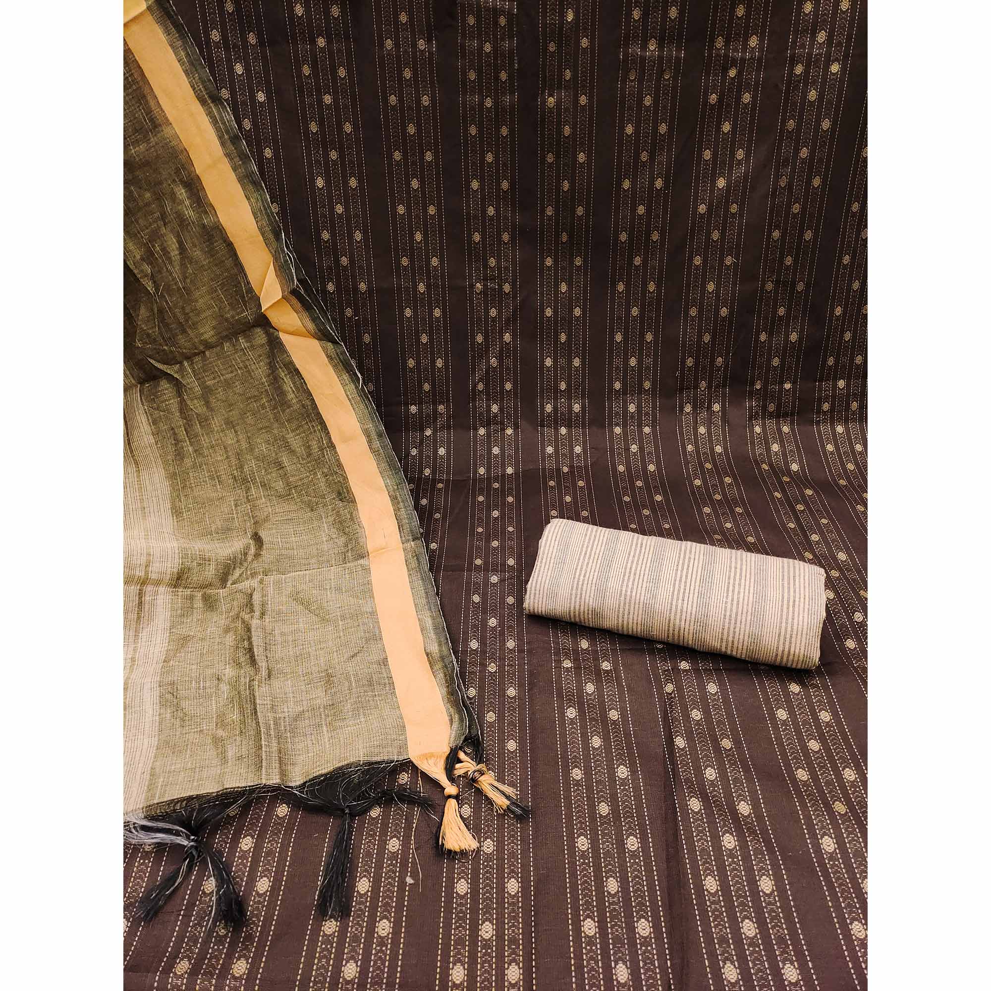 Brown Woven Cotton Blend Dress Material