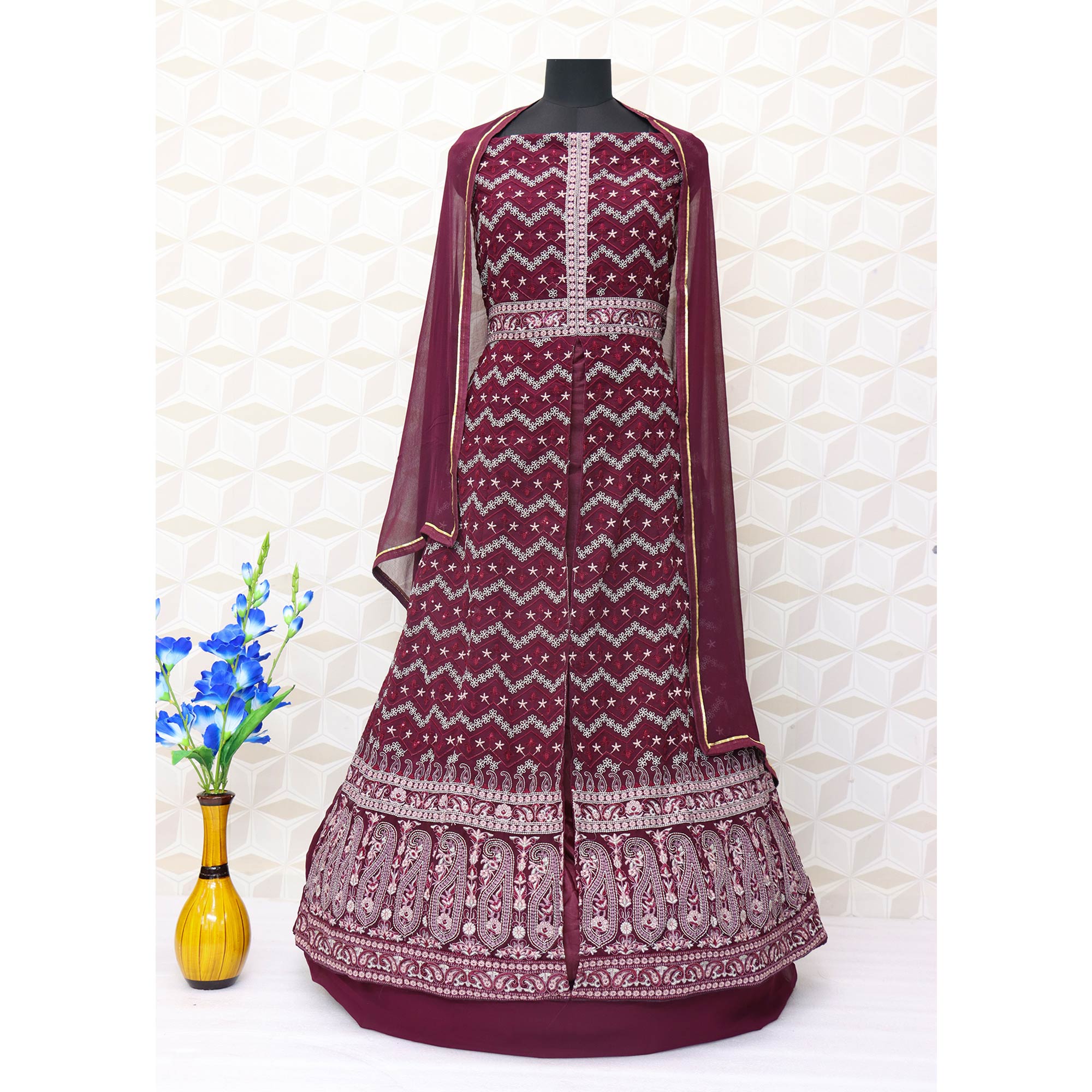 Maroon Floral Embroidered Georgette Front Slit Suit
