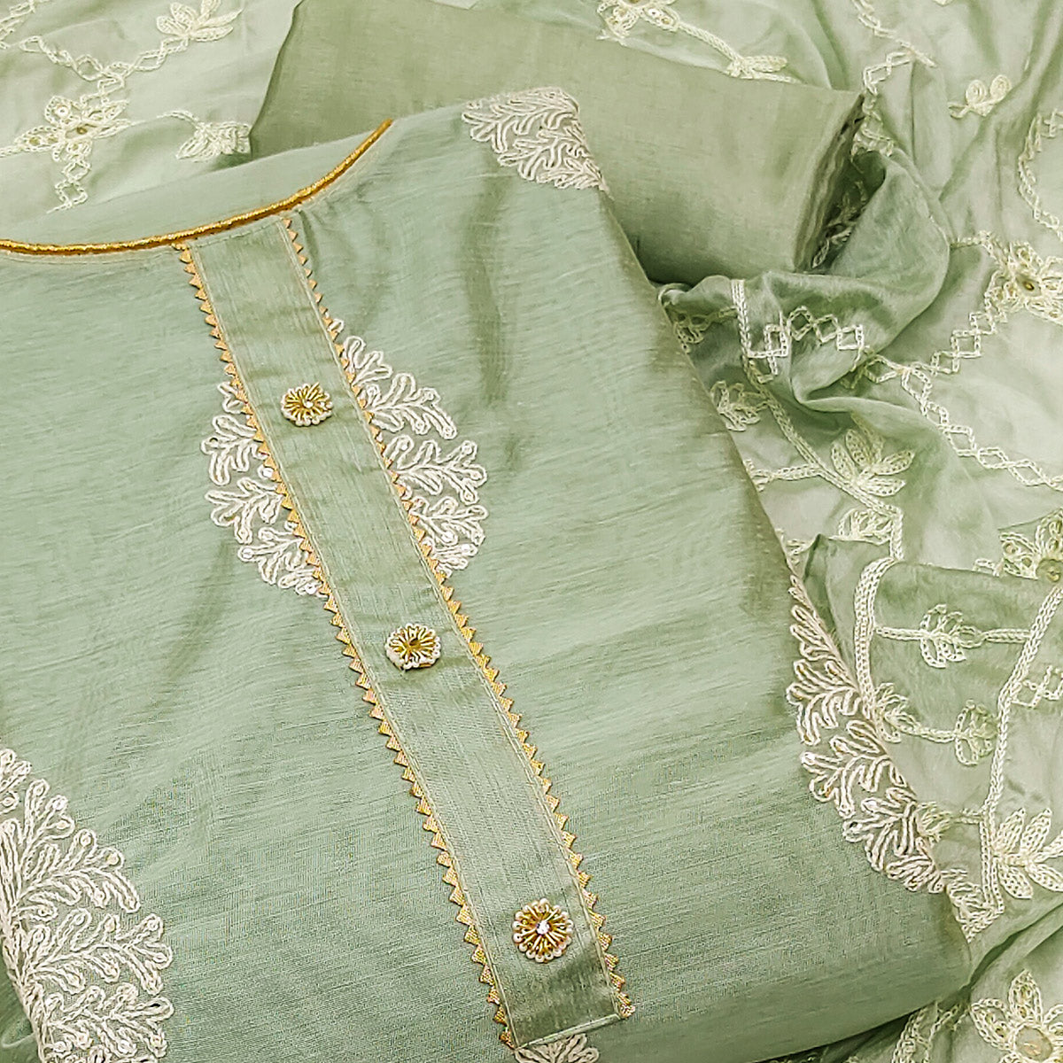 Green Embroidered Chanderi Dress Material