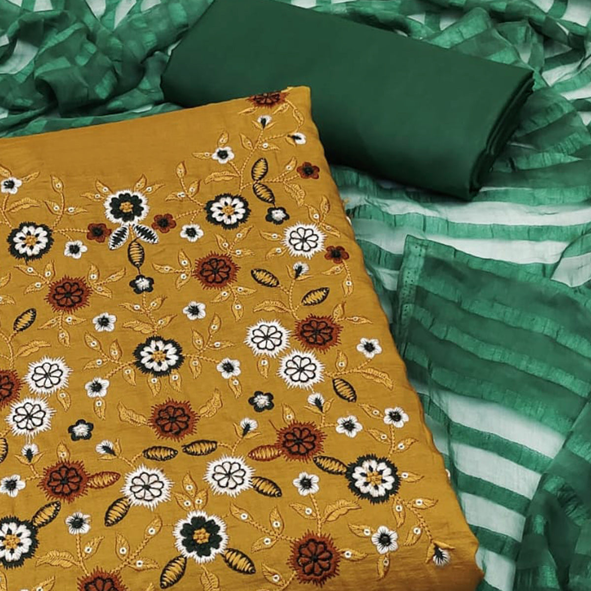 Mustard Floral Sequins Embroidered Cotton Blend Dress Material