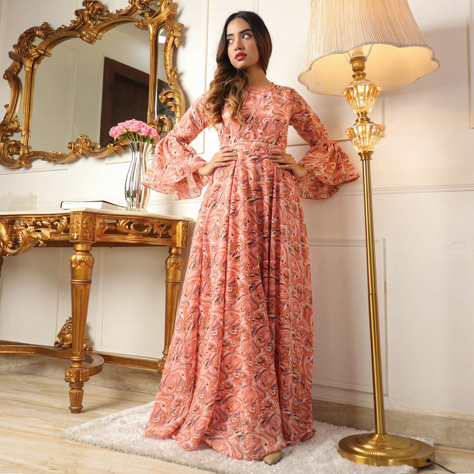 Peach Printed Georgette Gown