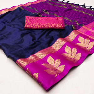 Navy Blue Woven Cotton Silk Saree With Tassels