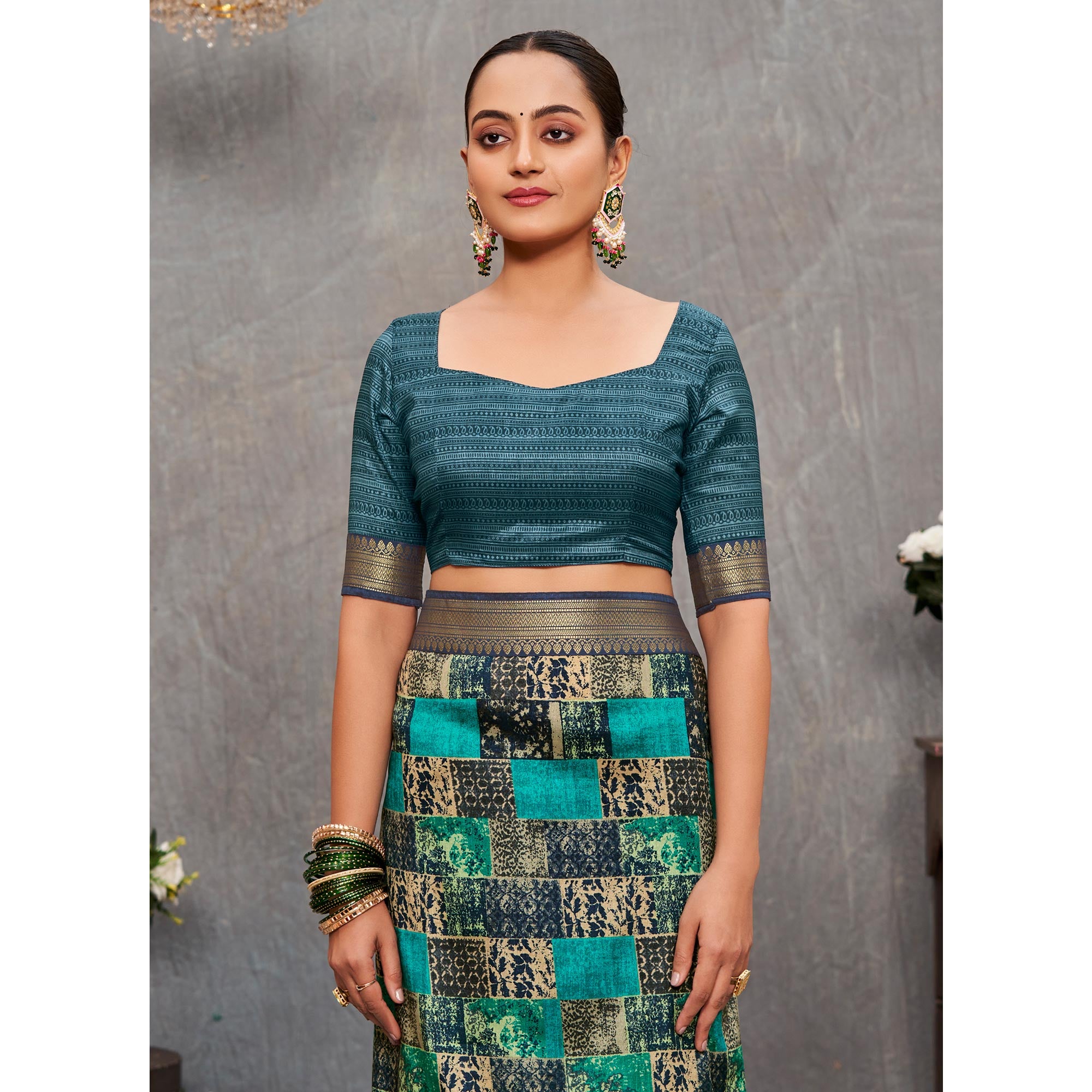 Turquoise Printed Tussar Silk Saree