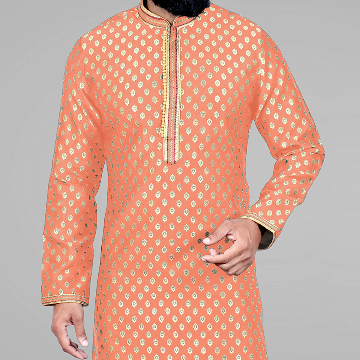 Peach Woven Jacquard Kurta Pyjama Set