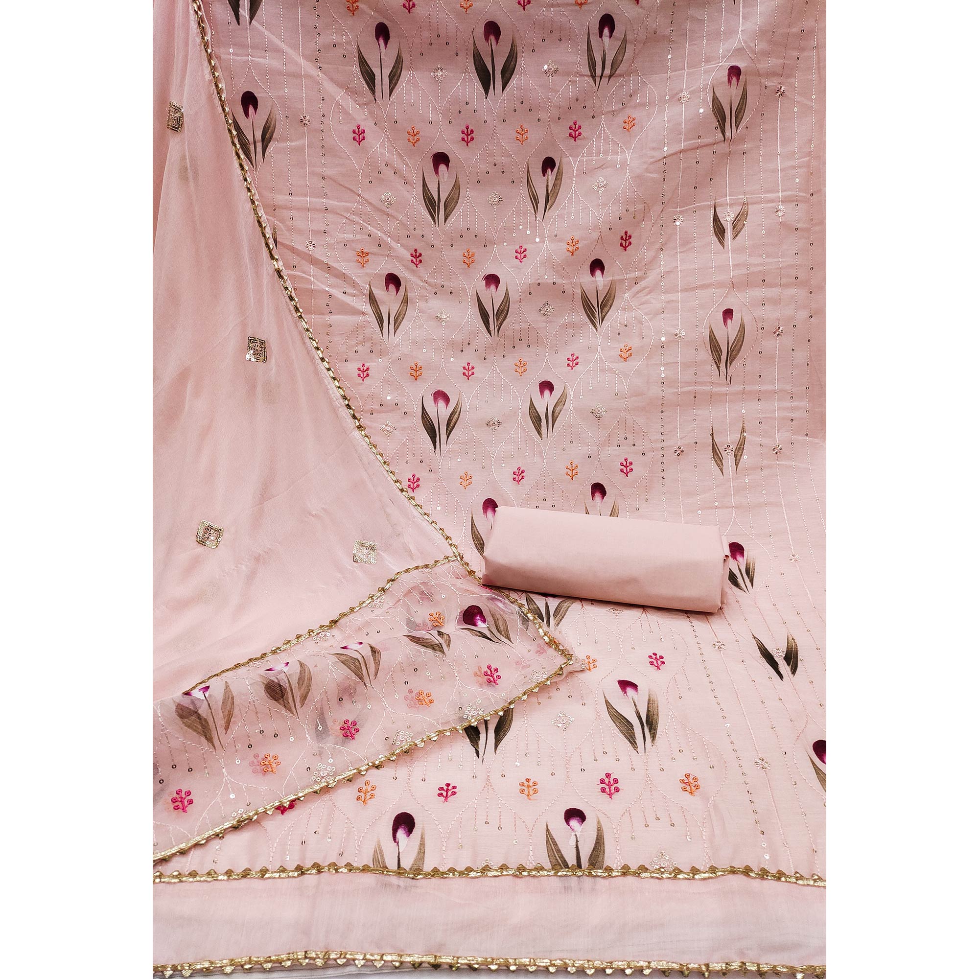 Peach Sequins Embroidered Chanderi Dress Material