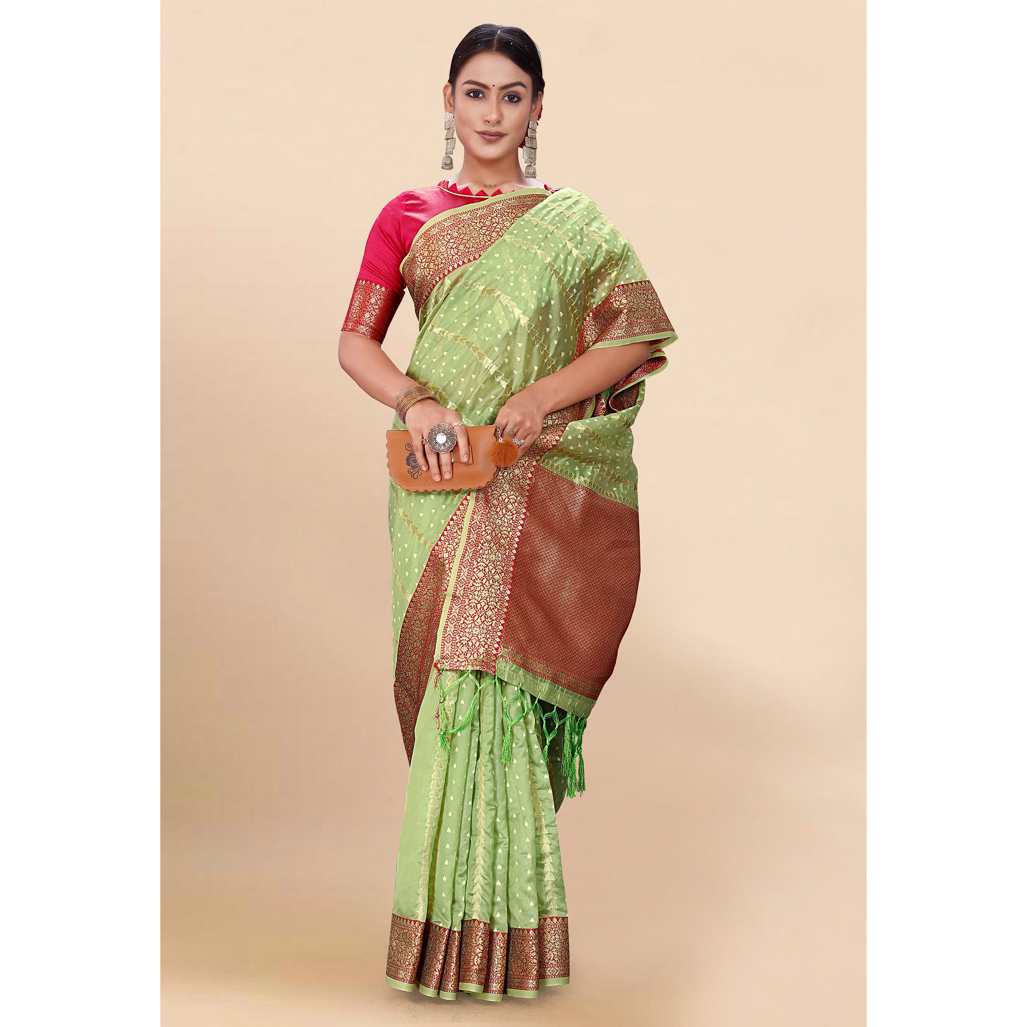 Green Woven Organza Saree With Tassels