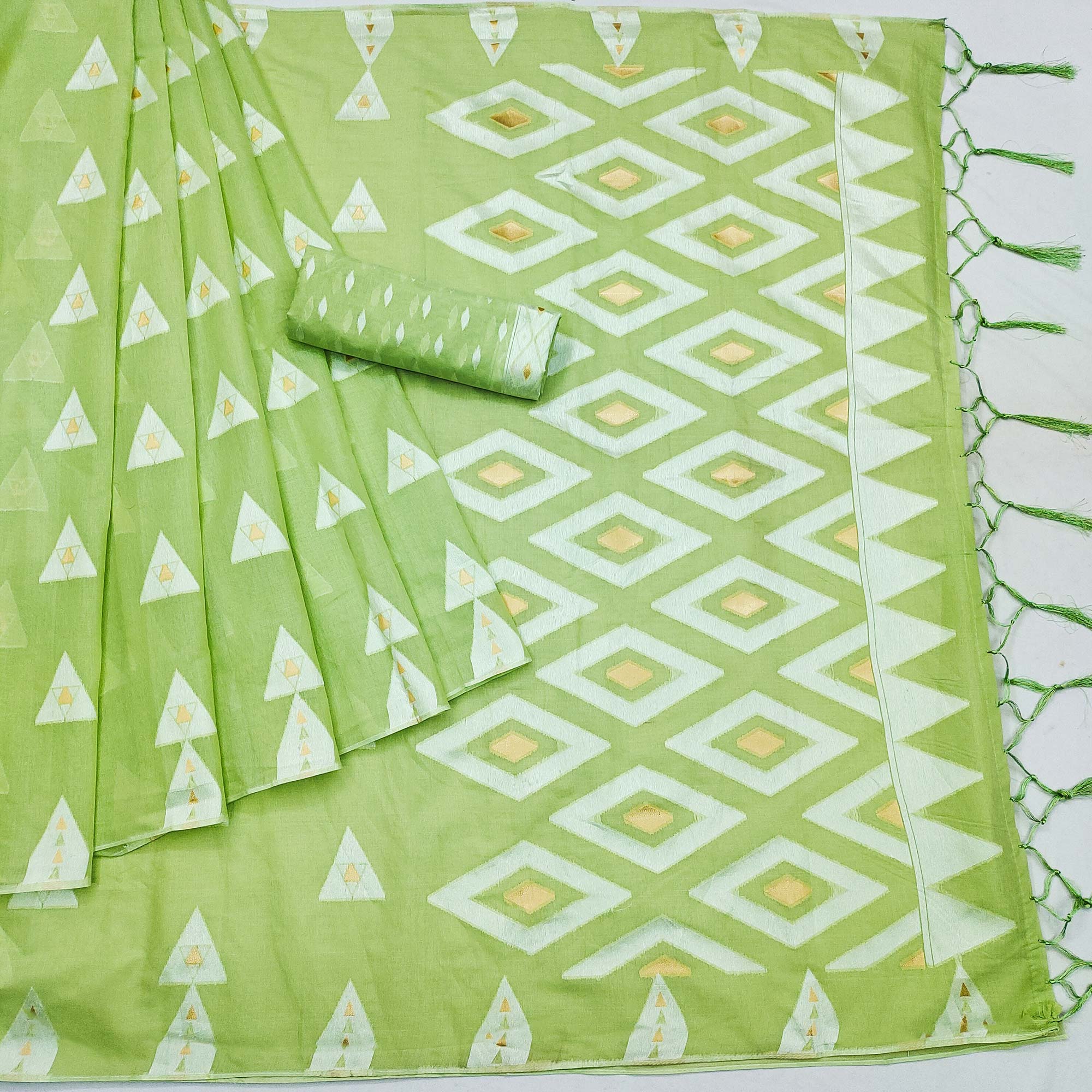 Green Woven Cotton Saree With Tassels