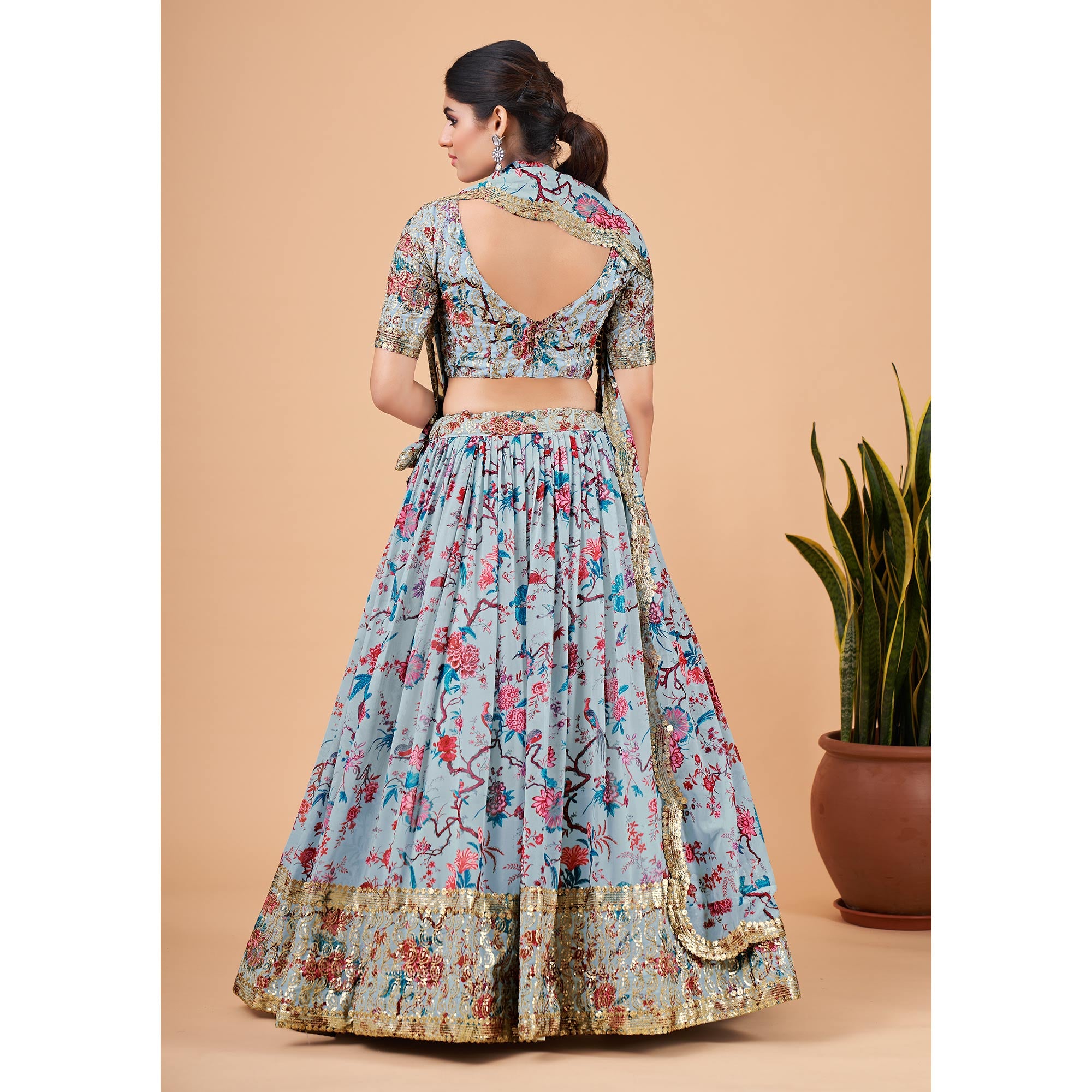 Light Blue Floral Printed And Sequins Work Georgette Lehenga Choli