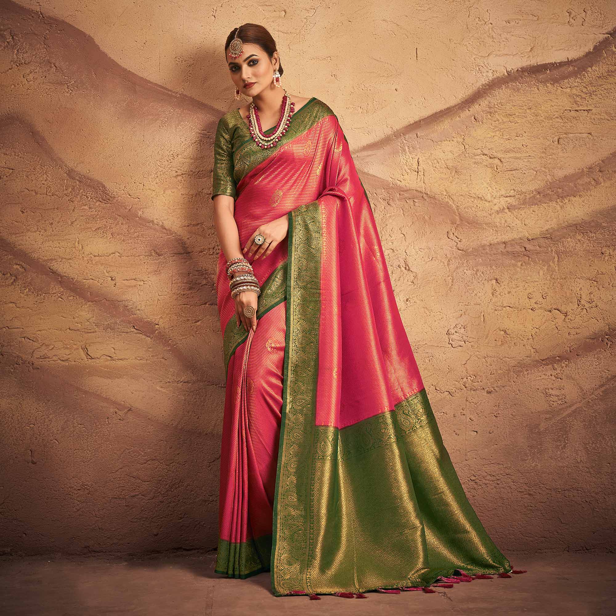 Pink Woven Art Silk Saree With Tassels