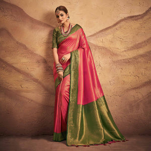 Pink Woven Art Silk Saree With Tassels