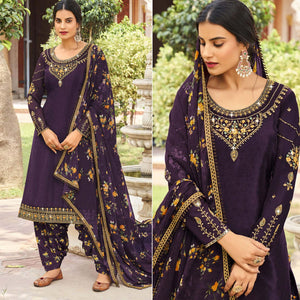 Purple Floral Embroidered Crepe Patiala Suit