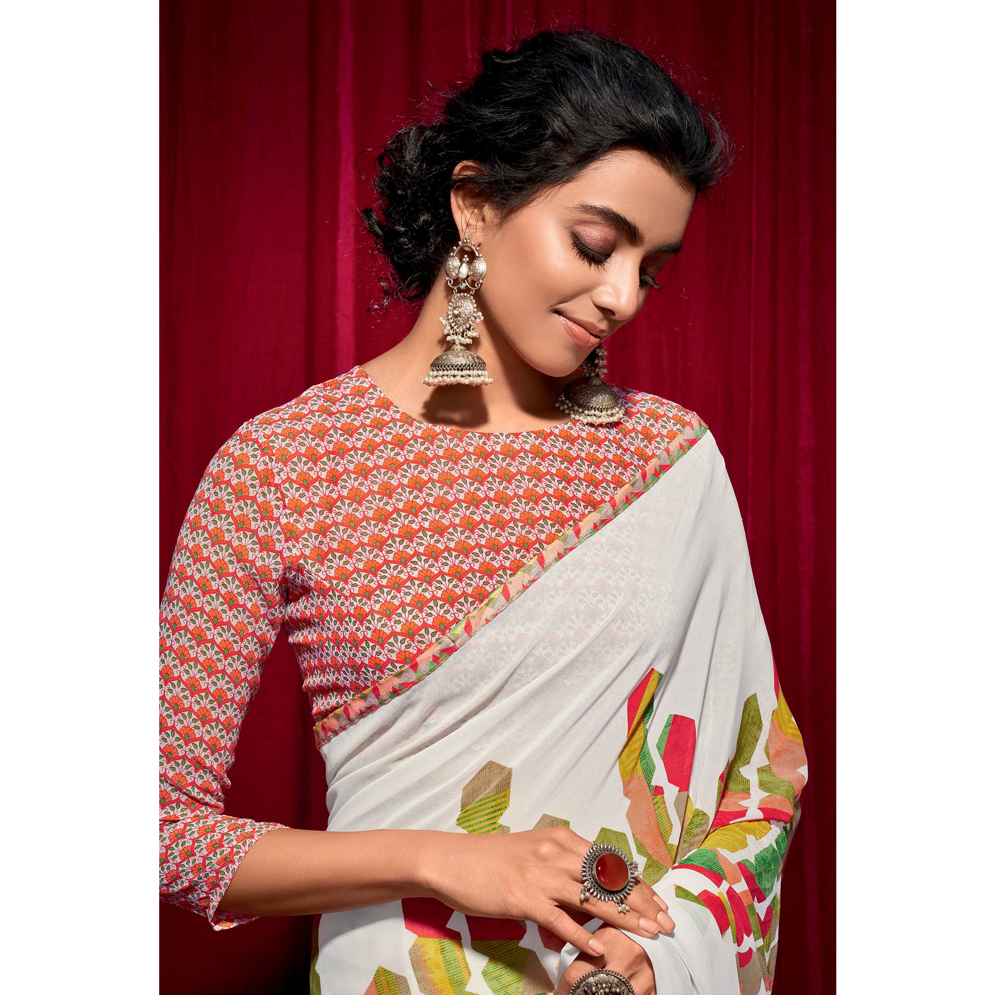 White Printed Georgette Saree