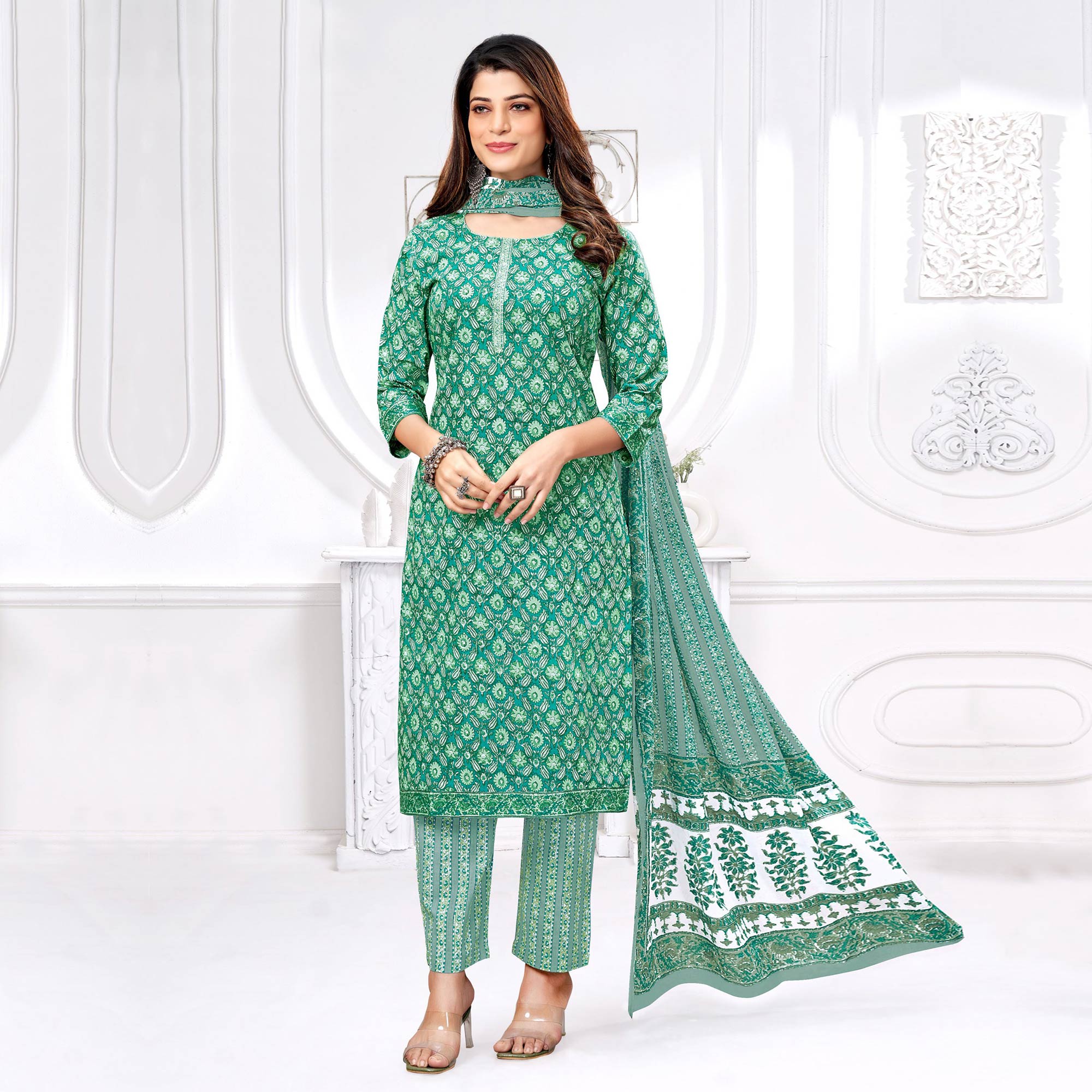 Green Printed Pure Cotton Suit