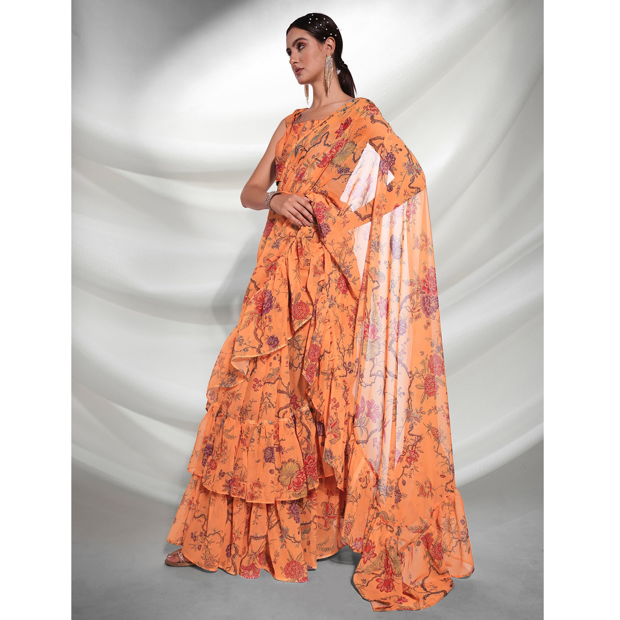 Orange Floral Printed Georgette Frill Saree