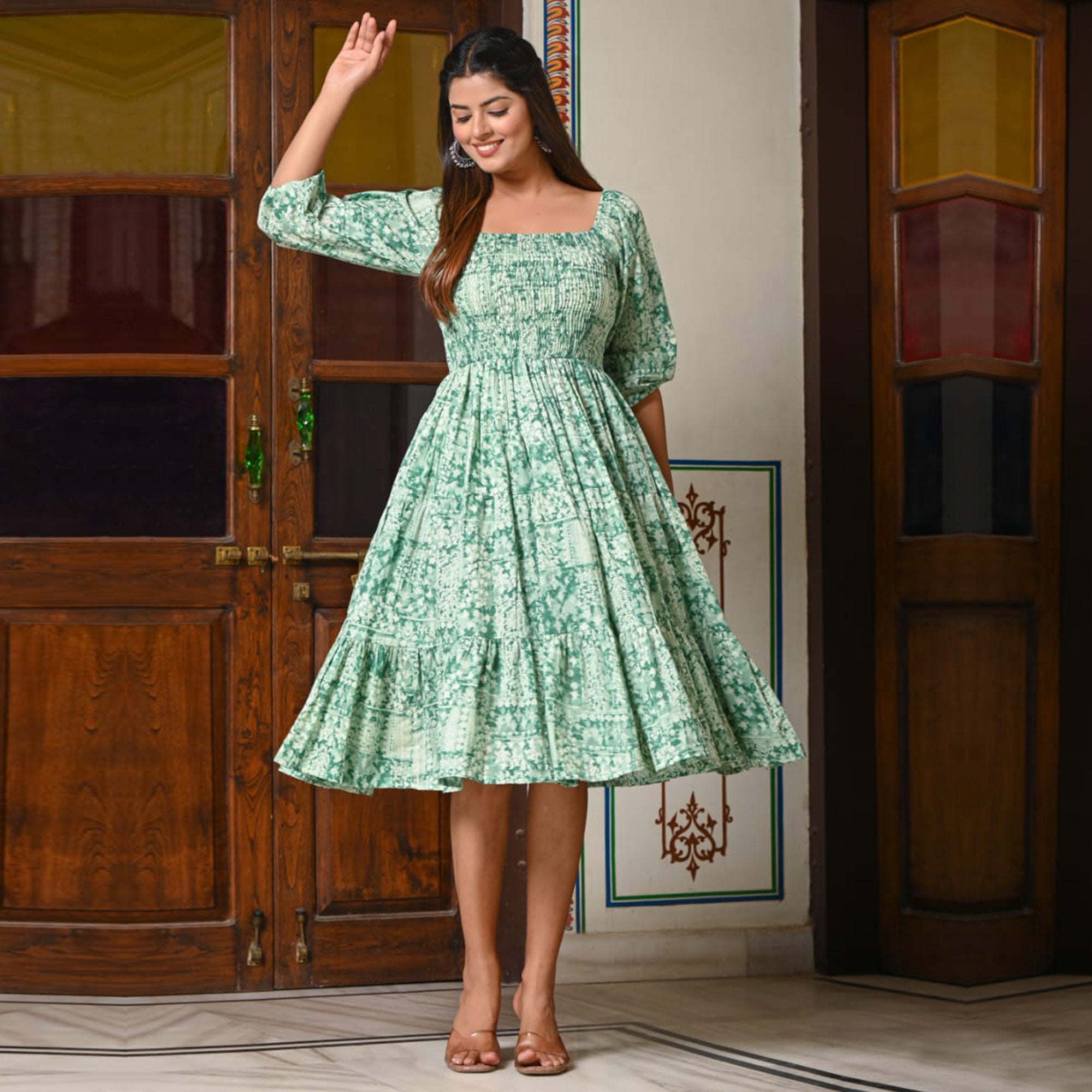 Turquoise Floral Printed Pure Cotton Dress