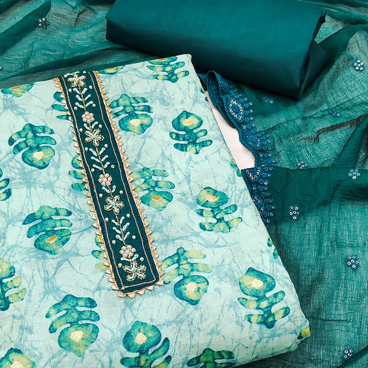 Green Printed Pure Cotton Dress Material