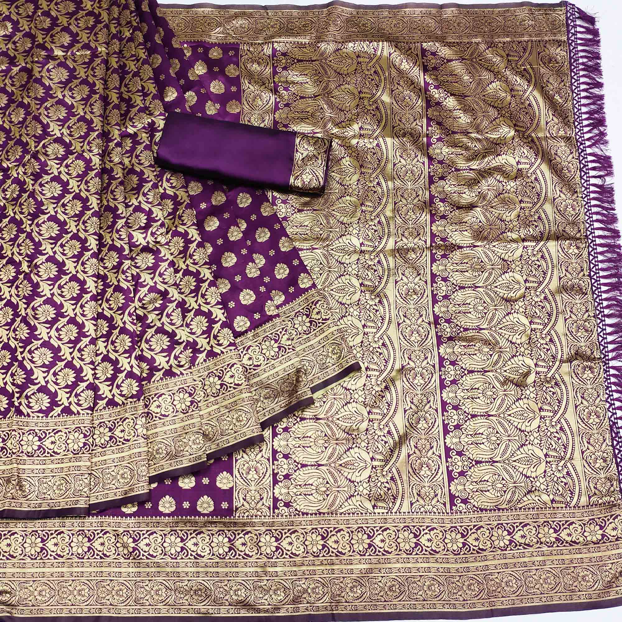 Purple Woven Jacquard Saree With Tassels