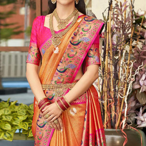 Orange Woven Kanjivaram Silk Paithani Saree With Tassels