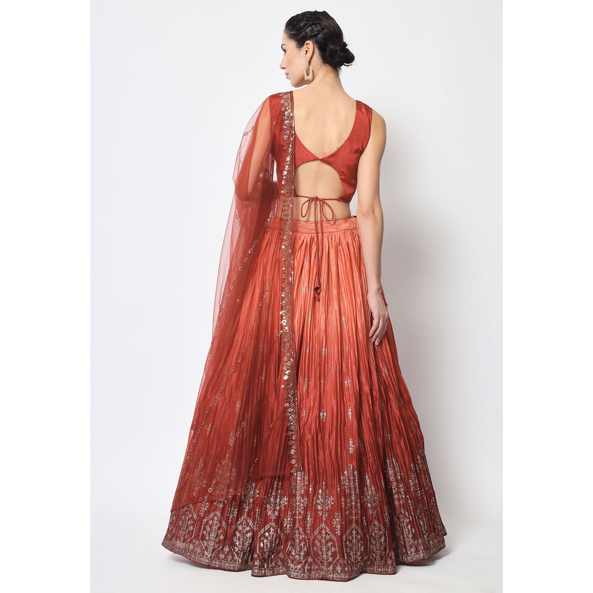 Peach Foil Printed Chiffon Lehenga Choli